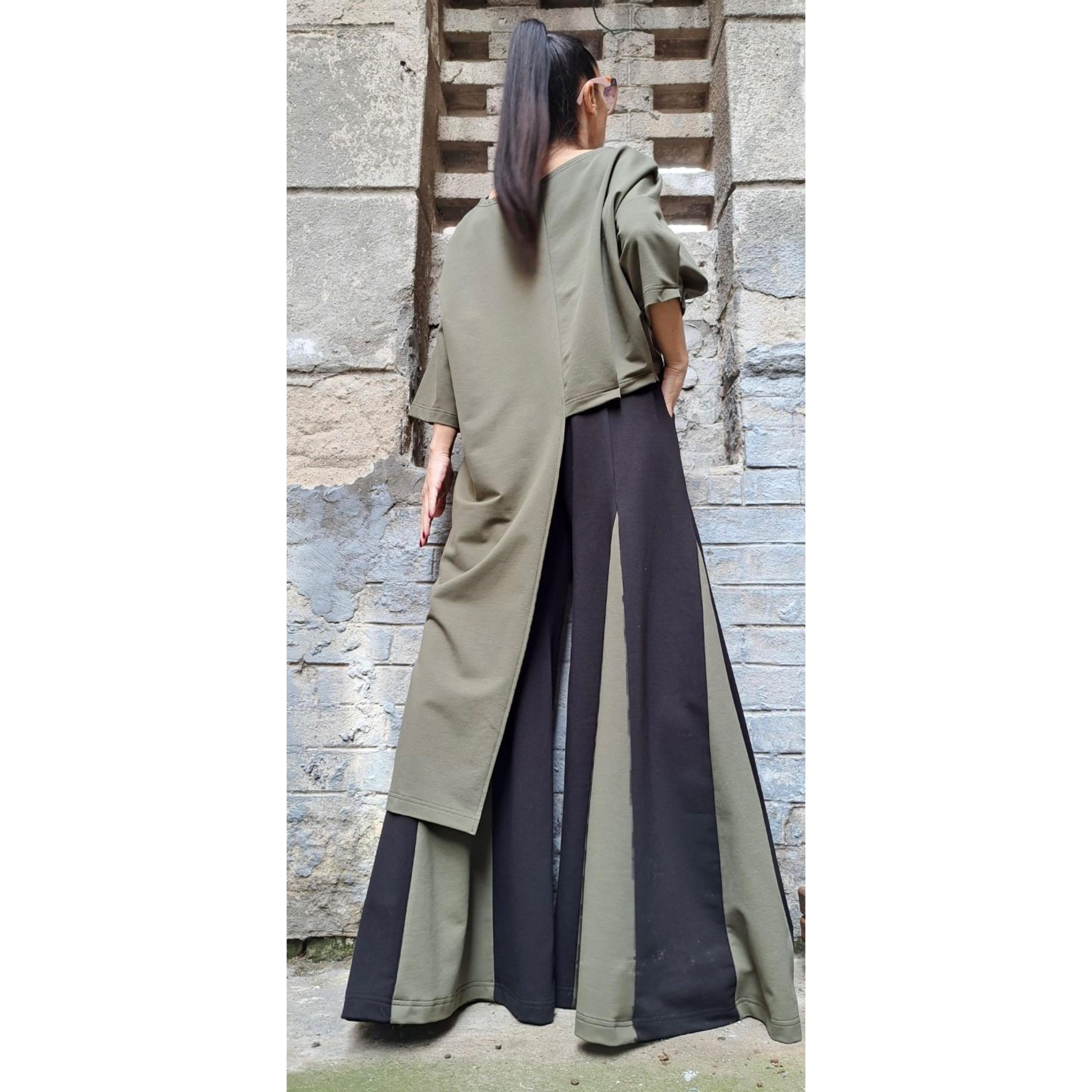 Asymmetric Two-Piece Cotton Set – Wide-Leg High-Waist Pants & Oversized Short-Sleeve Top / Avant-Garde Women’s Outfit XS-5XL