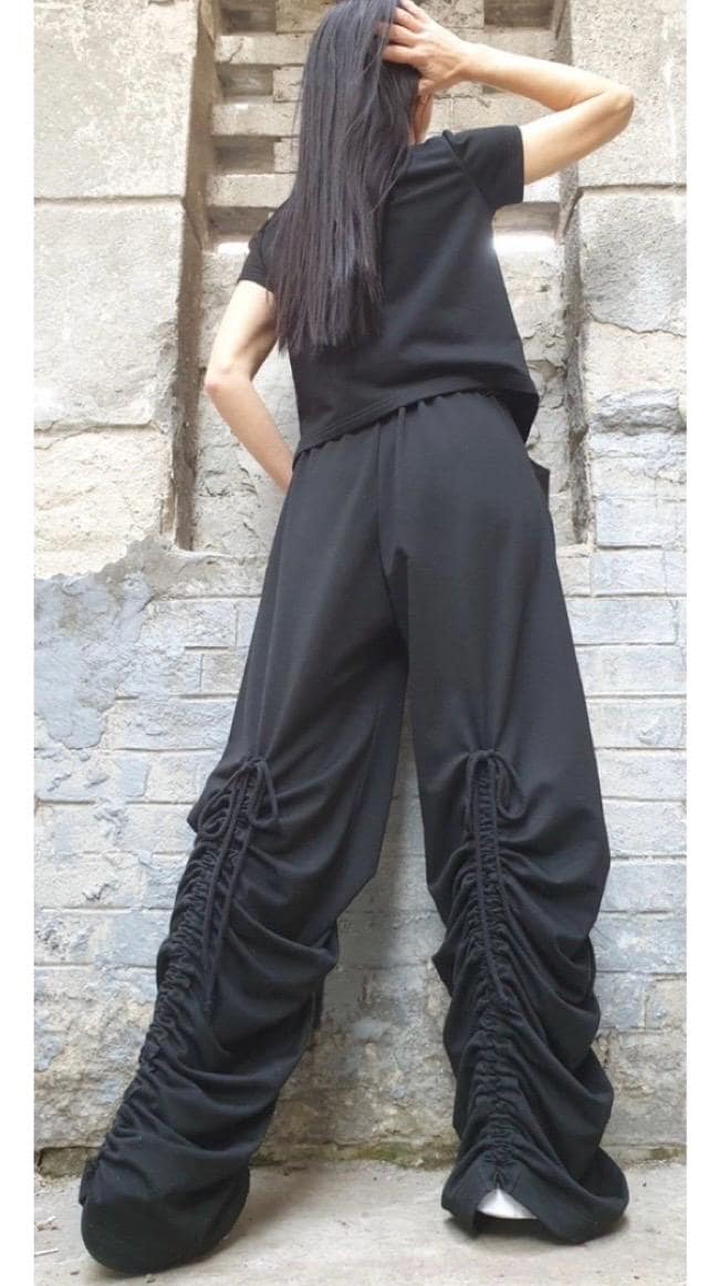 Avant-Garde Wide Leg Pants – Dark Grey Ruched Trousers with High Waist & Pockets