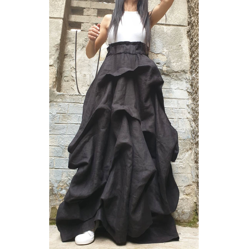 High Waist Linen Maxi Skirt / Avantgarde Asymmetric Black Skirt
