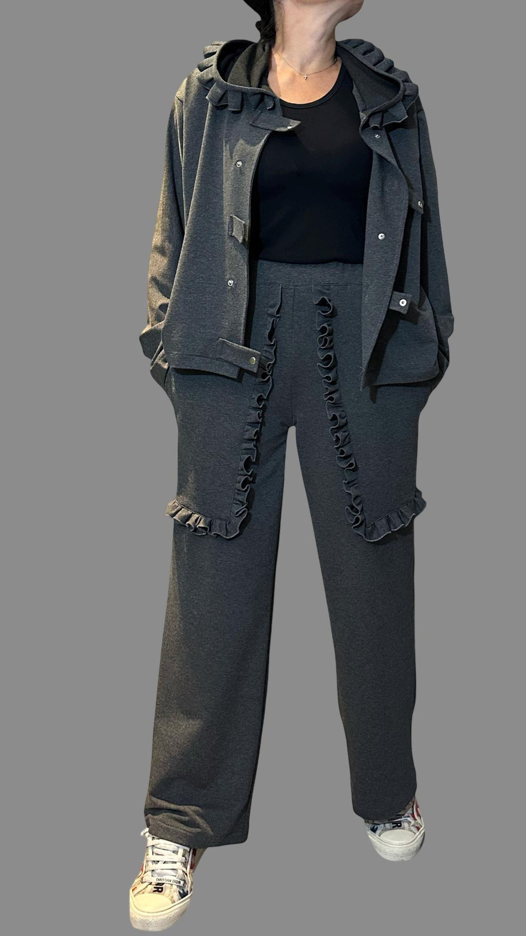 Ruffle Trim Cotton Tracksuit /  Asymmetric Hoodie & High-Waisted Pants / Two-Piece Women’s Streetwear Set