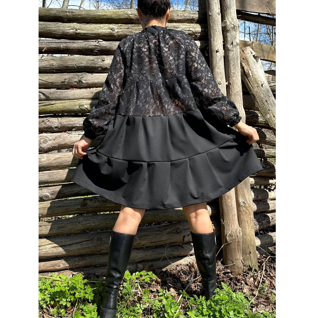 Black Tunic with Lace and Cotton – Long Sleeve Tiered Design / Boho Chic Handmade Dress