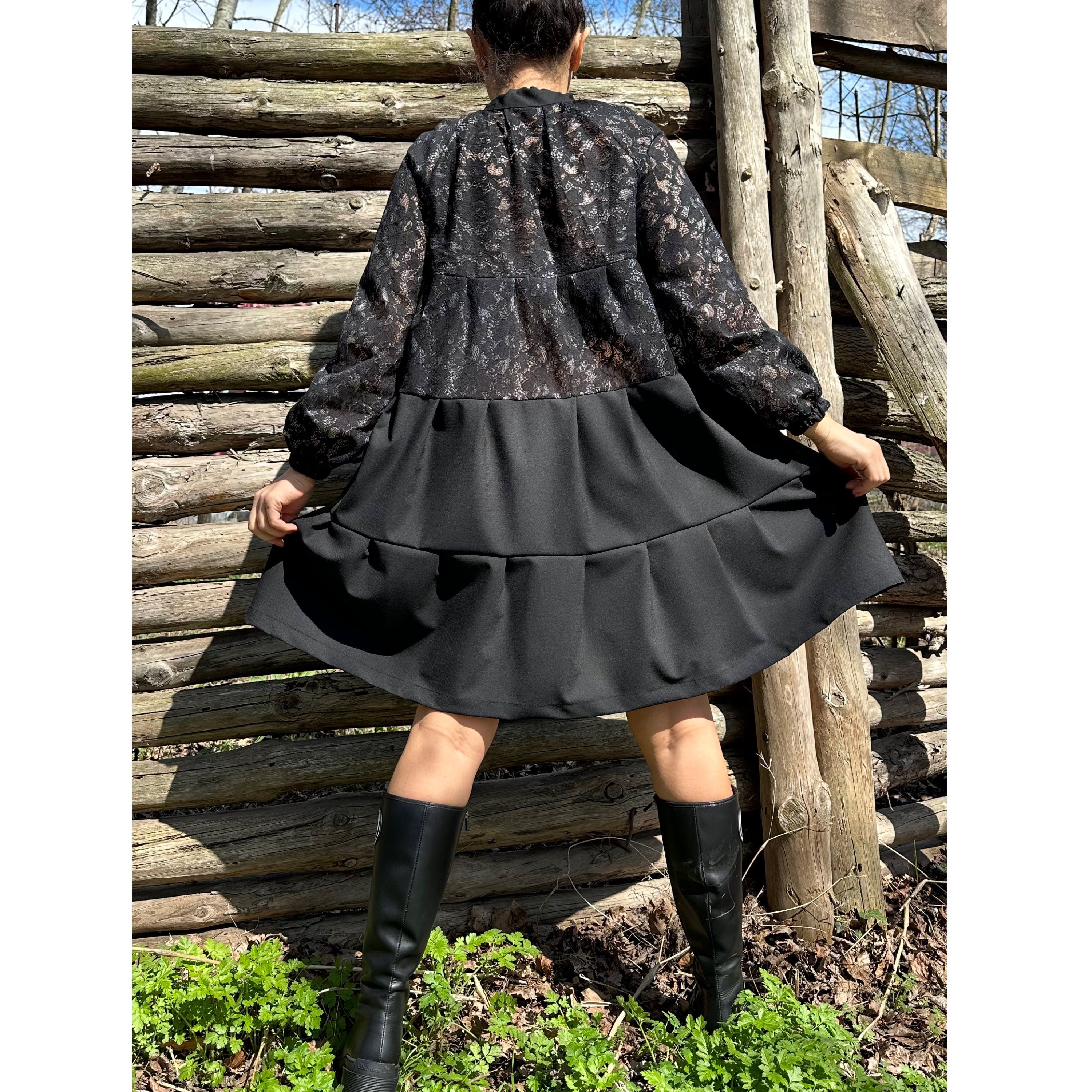 Black Tunic with Lace and Cotton – Long Sleeve Tiered Design / Boho Chic Handmade Dress