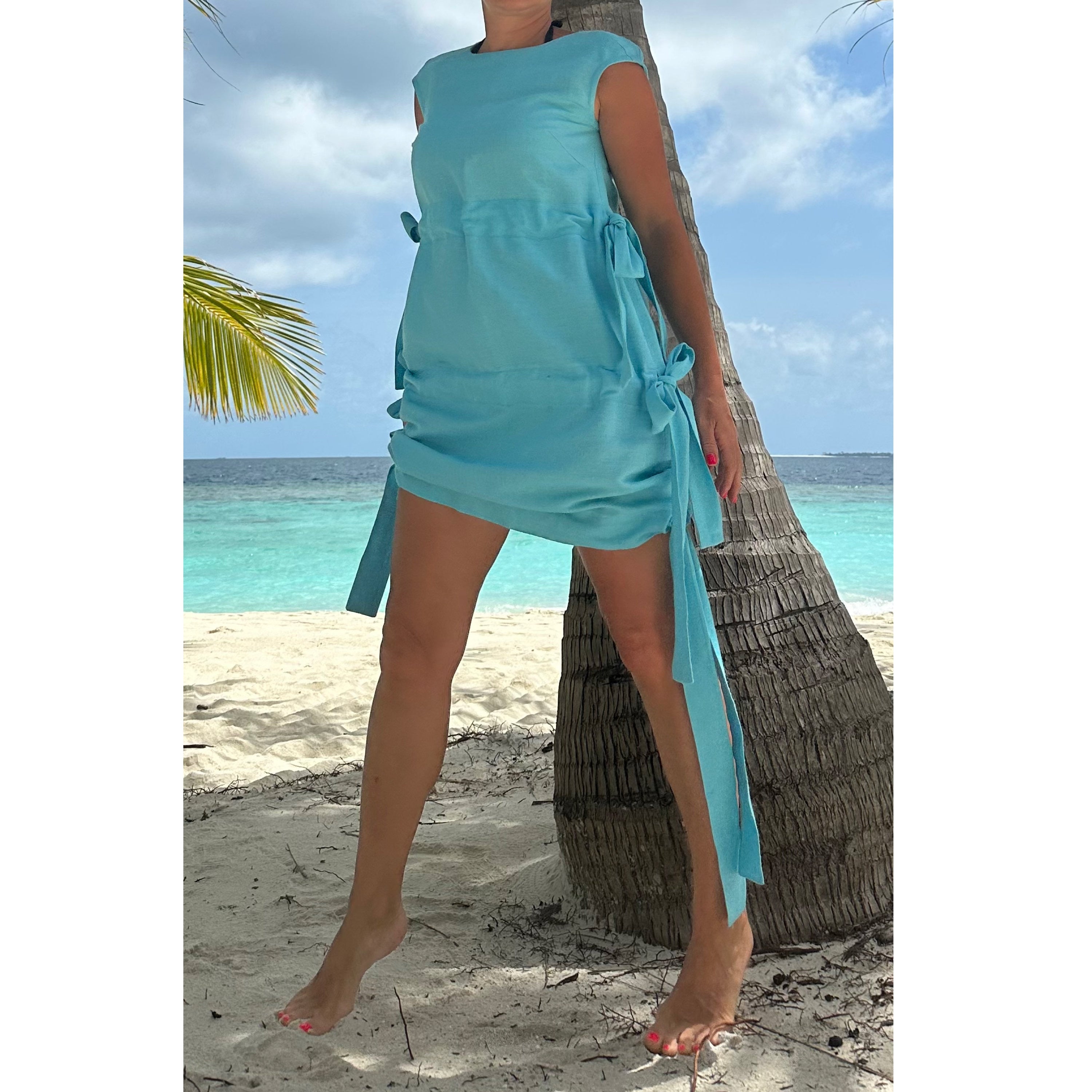 Women’s Light Blue Linen Dress – Sleeveless Summer Tunic with Side Ties / Beachwear Resort