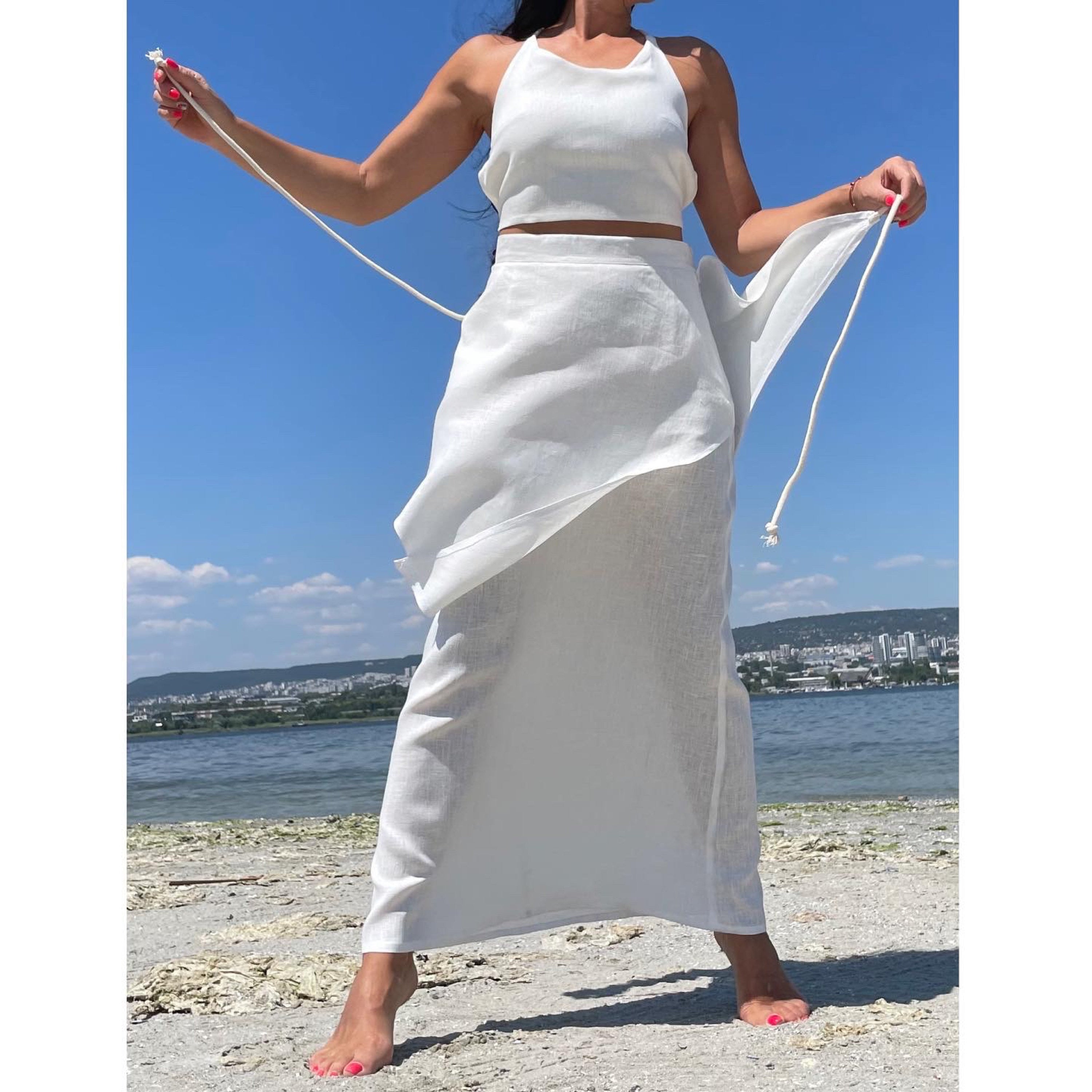 Asymmetric Summer White Linen Skirt Top Set