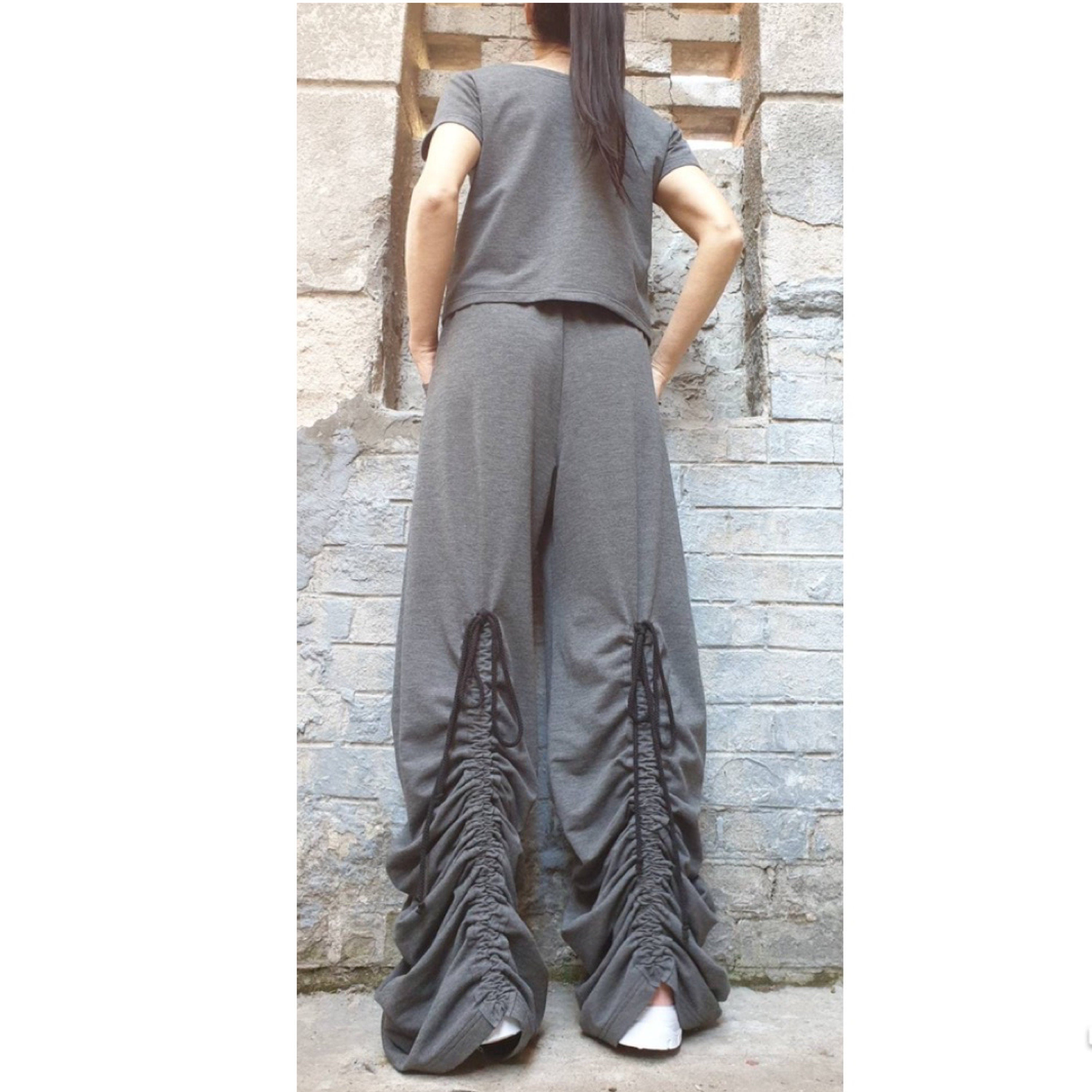 Avant-Garde Wide Leg Pants – Dark Grey Ruched Trousers with High Waist & Pockets