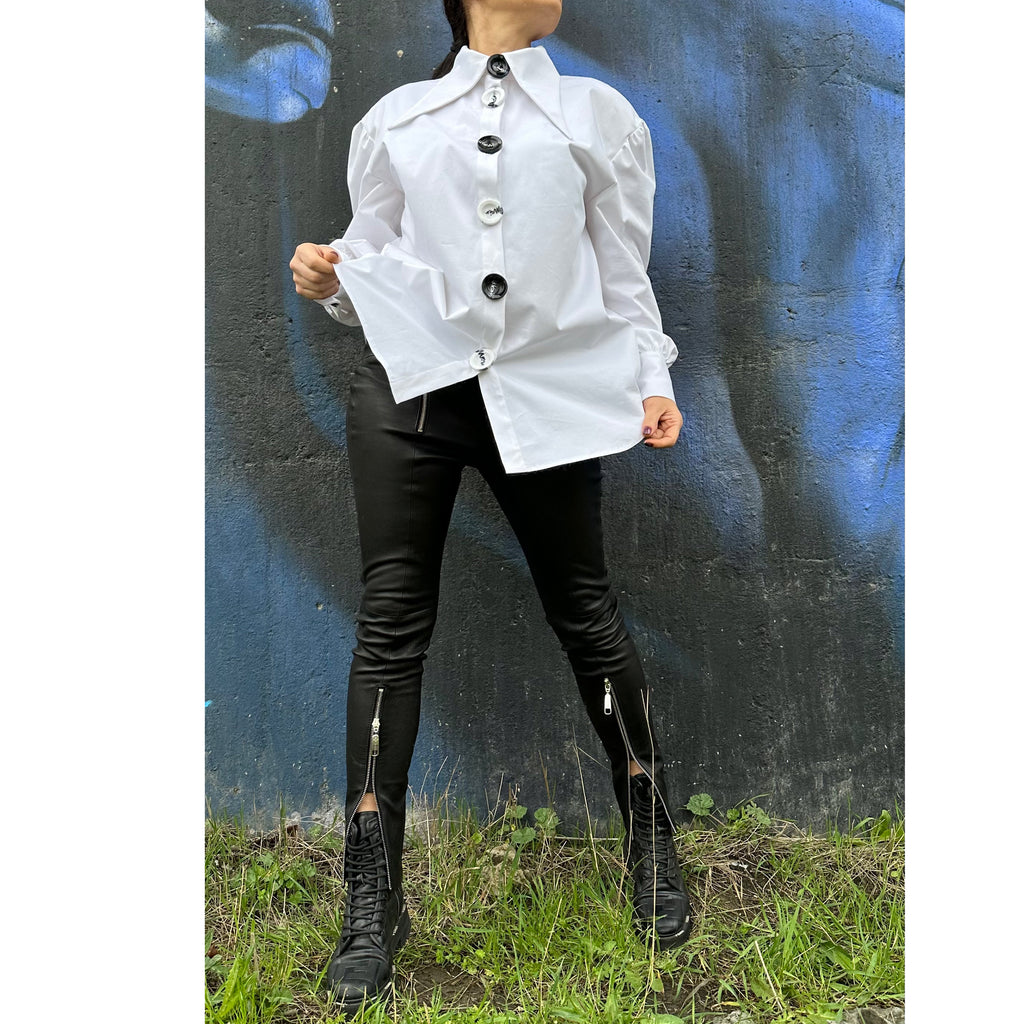 Extravagant White Cotton Shirt: Long Sleeve High Neck Button Shirt