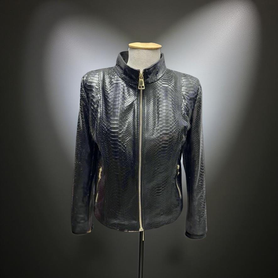 Women’s Genuine Python Leather Jacket - Classic Zip-Up Snakeskin Coat