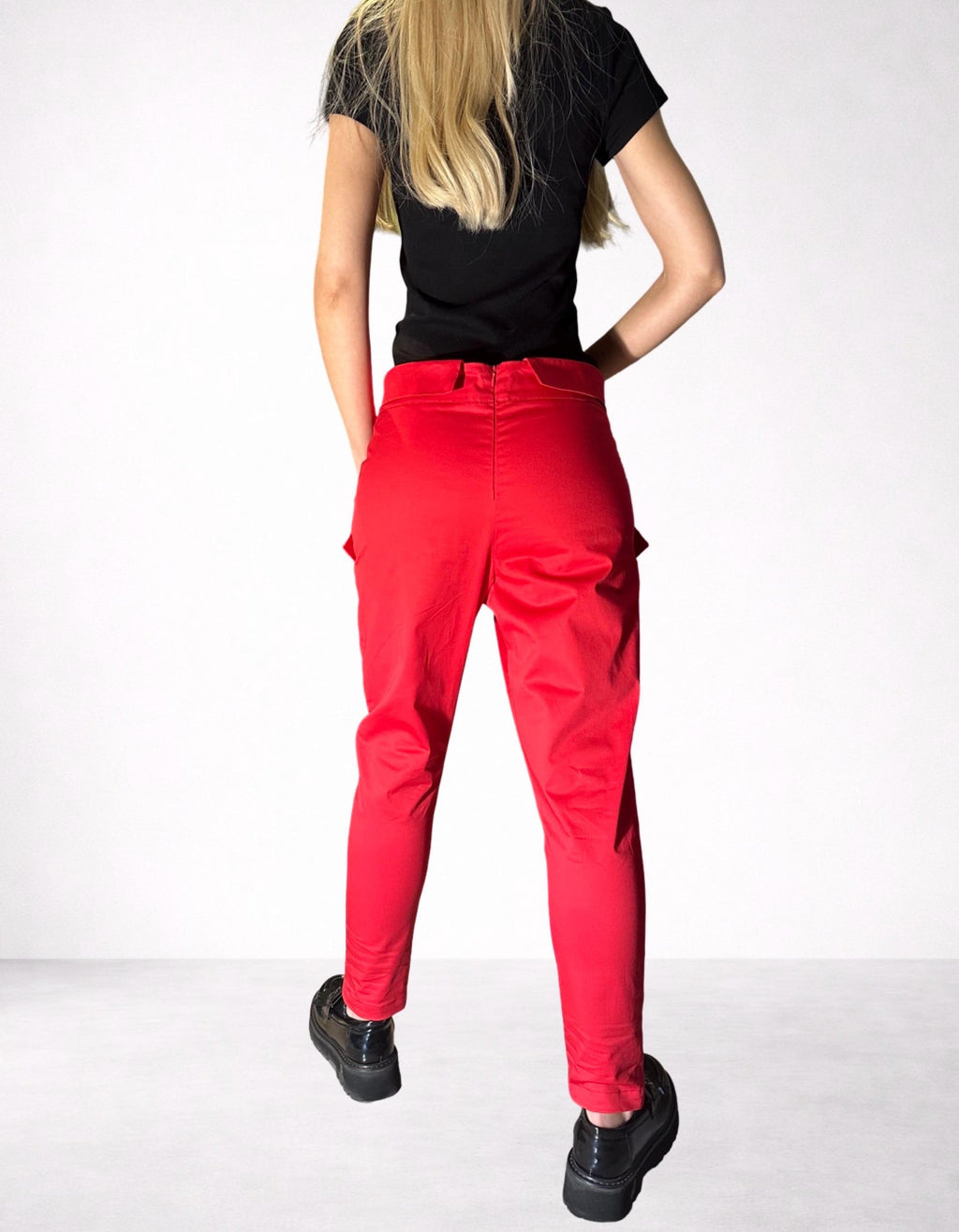 Red Cotton Pants with Asymmetrical Front Detail / Front Pockets / Casual Drop Crotch Trousers