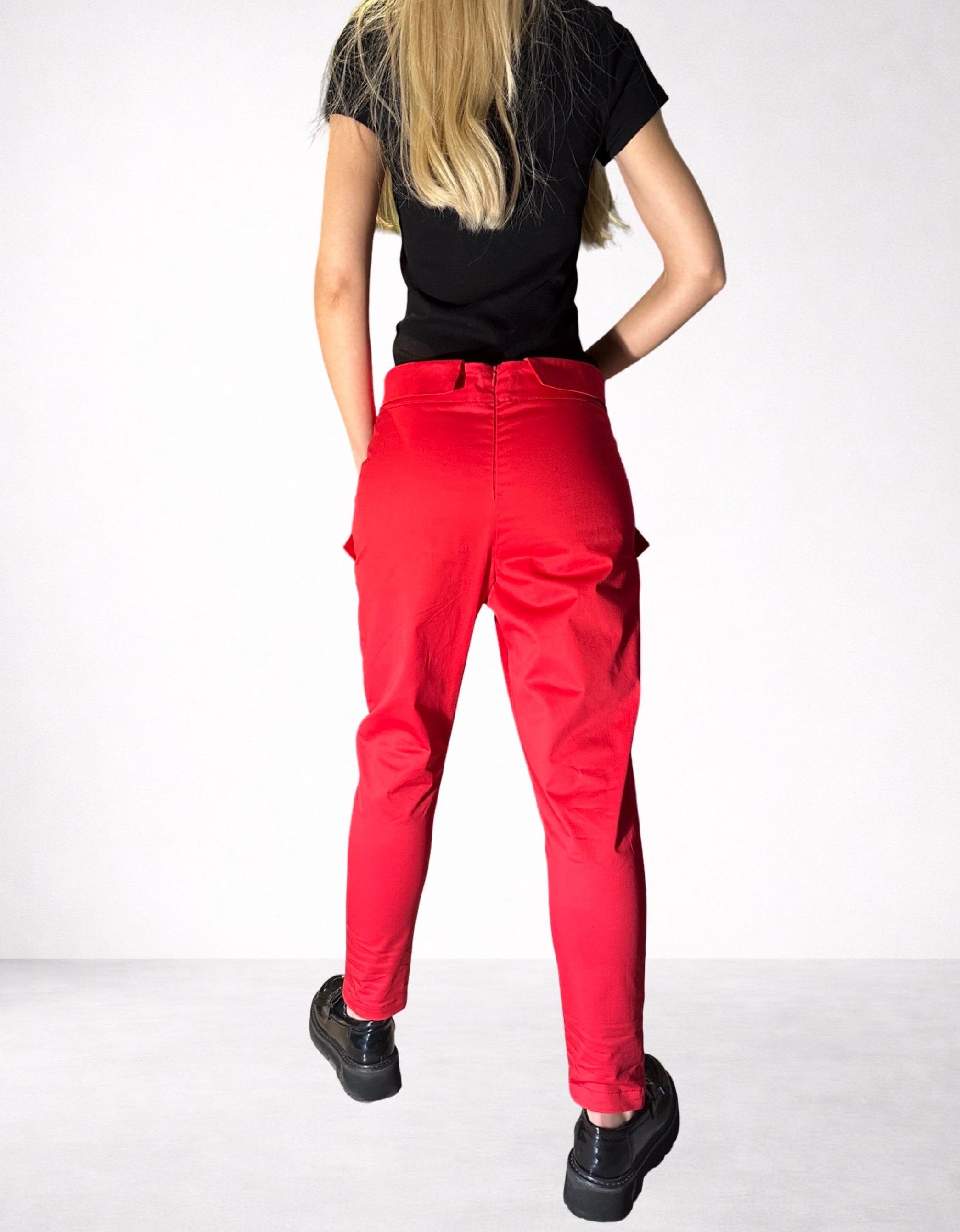 Red Cotton Pants with Asymmetrical Front Detail / Front Pockets / Casual Drop Crotch Trousers