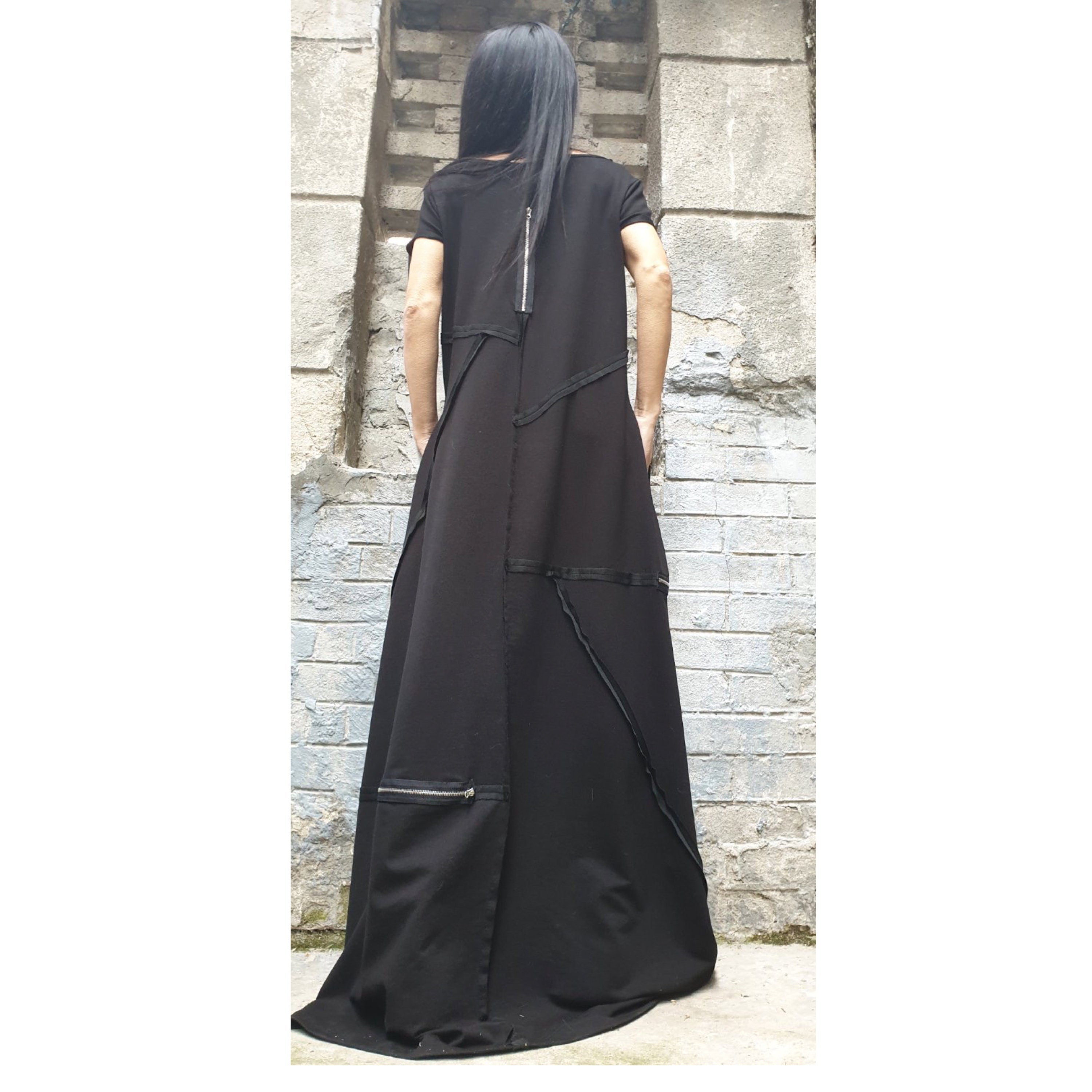 Black Maxi Designer Dress – Avant-Garde Cut Dress with Zippers & Exposed Seams / Cotton Fleece Jersey / Oversized Architectural Dress XS–5XL