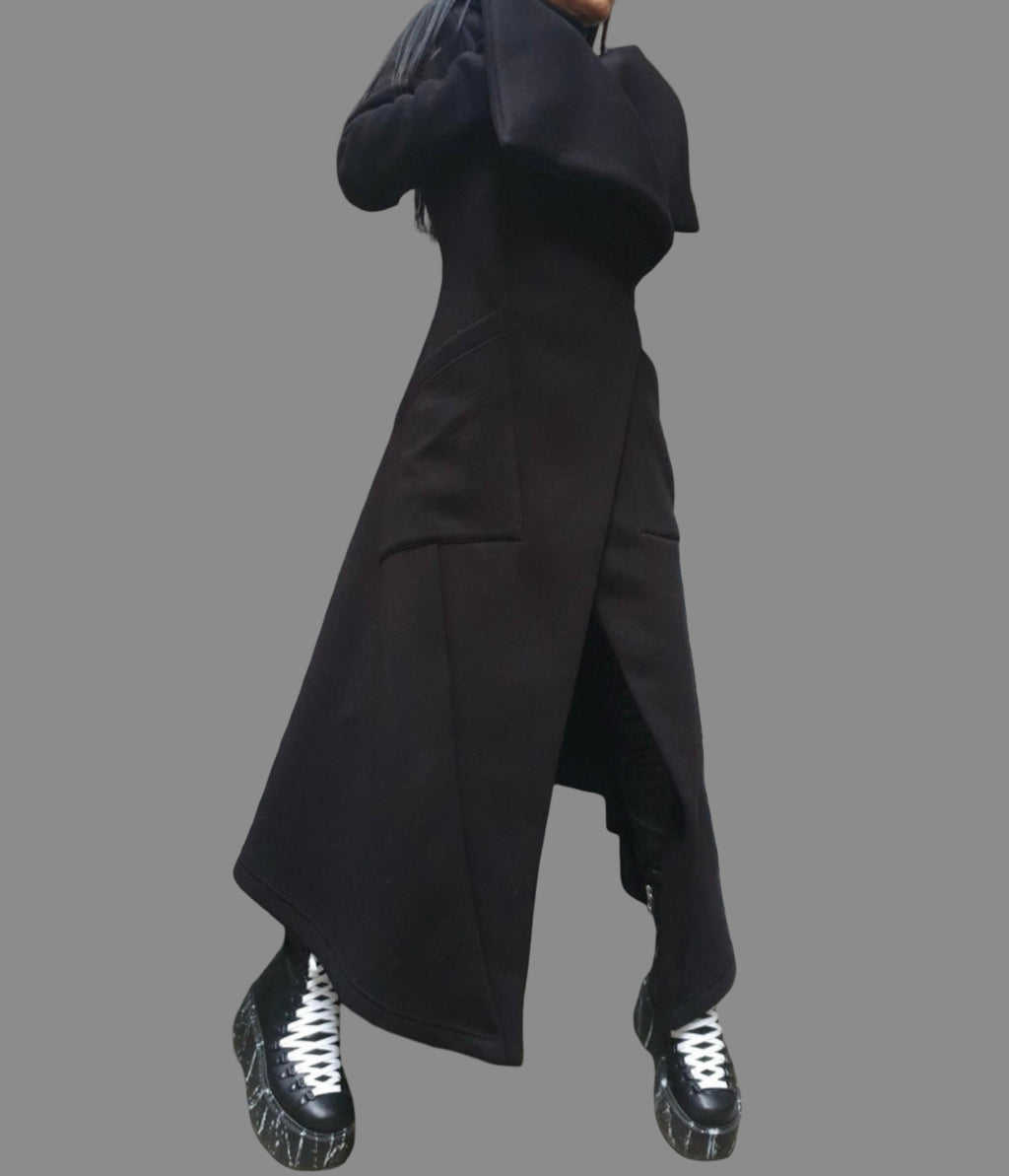 Women’s Asymmetric Fleece Coat – High Collar, Side Pockets, Button Closure – Black Avant-Garde Jacket