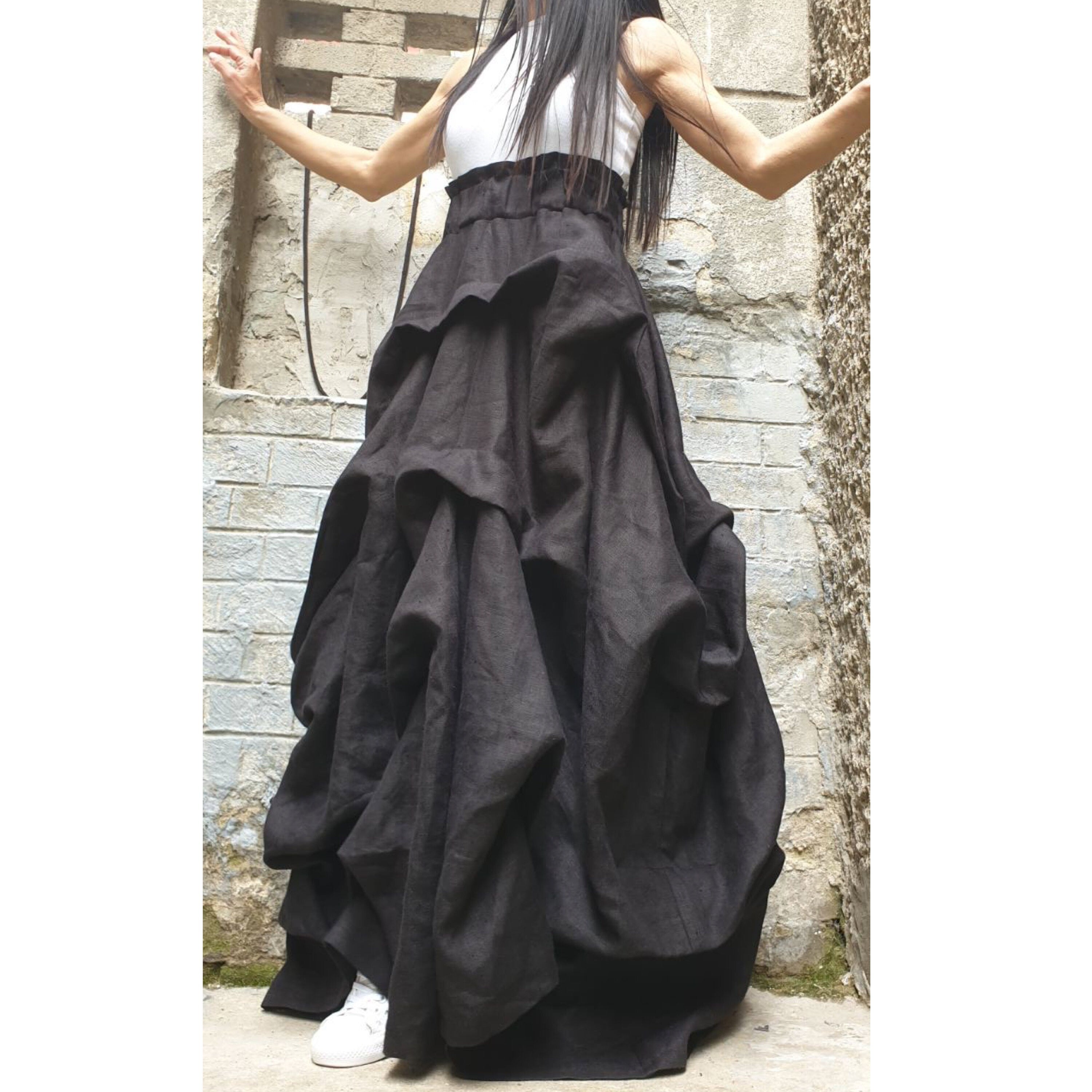 High Waist Linen Maxi Skirt / Avantgarde Asymmetric Black Skirt