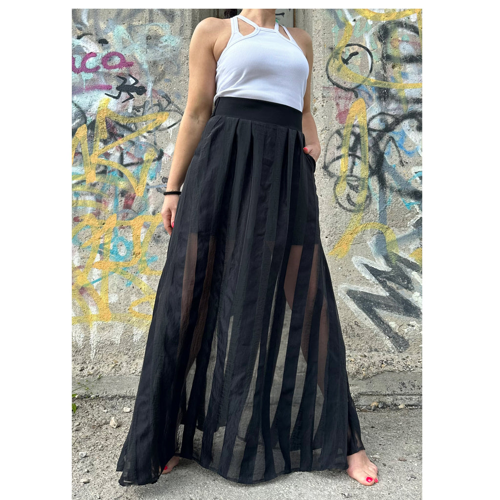Black Maxi Skirt – High Waist with Cotton and Sheer Organza Stripes