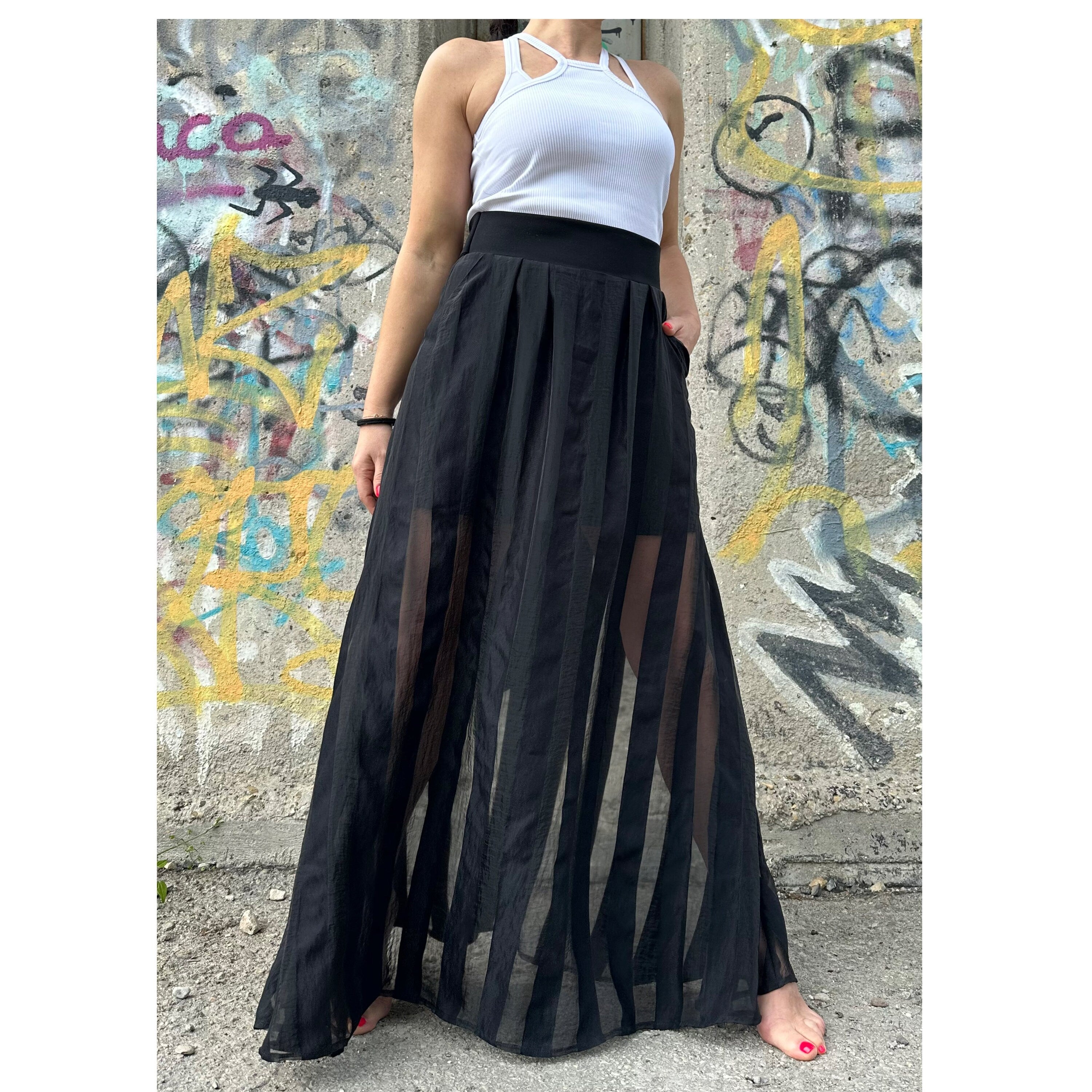 Black Maxi Skirt – High Waist with Cotton and Sheer Organza Stripes