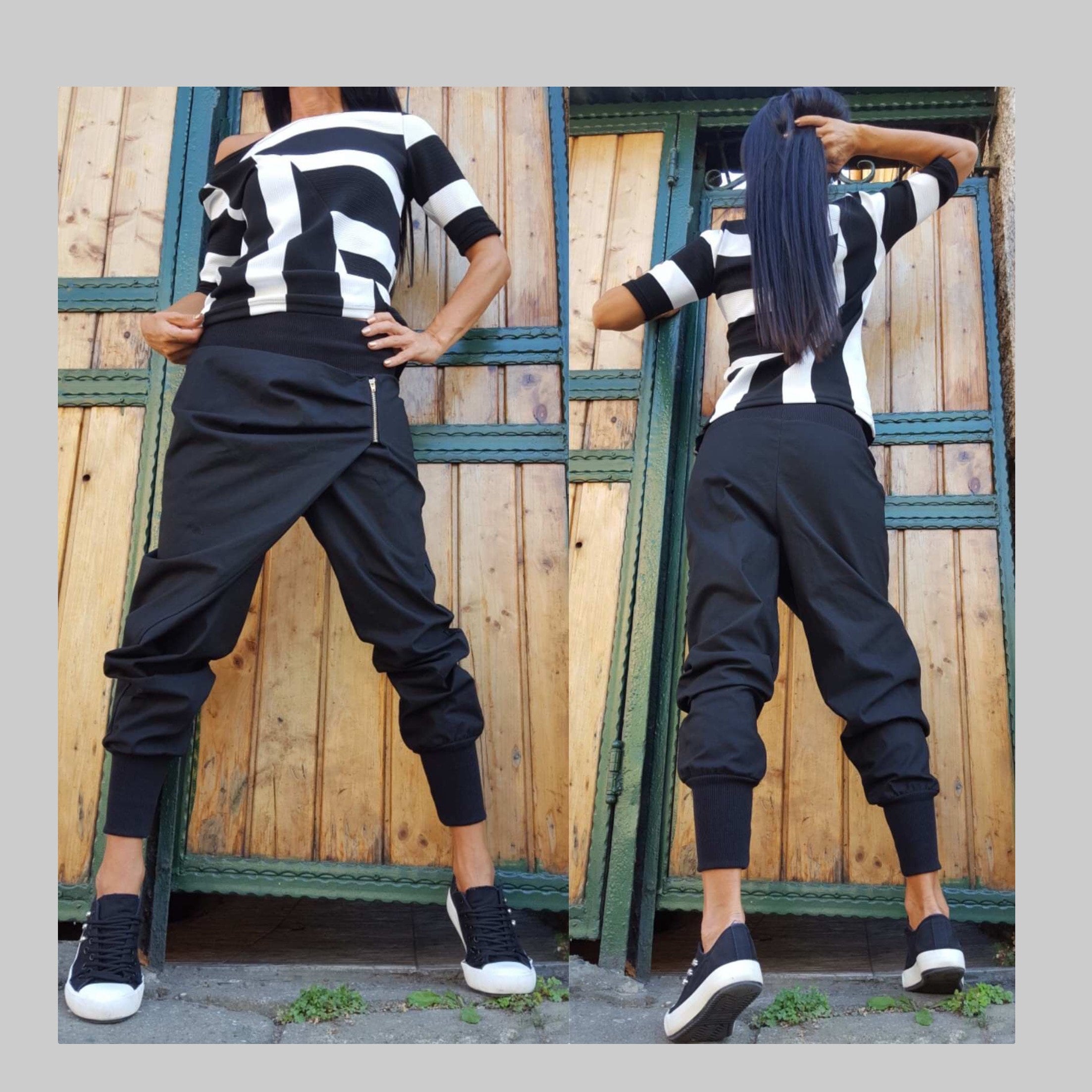 Asymmetric Black Cotton Pants – Women’s Avant-Garde Stretch Trousers with Elastic Waist & Cuffed Legs / Designer Streetwear