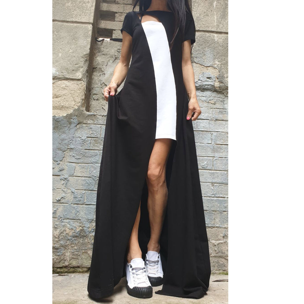 Asymmetric Maxi Black Dress – Long Cotton Dress with Side Slit / Urban Elegant Evening Dress / Short Sleeve Summer Dress