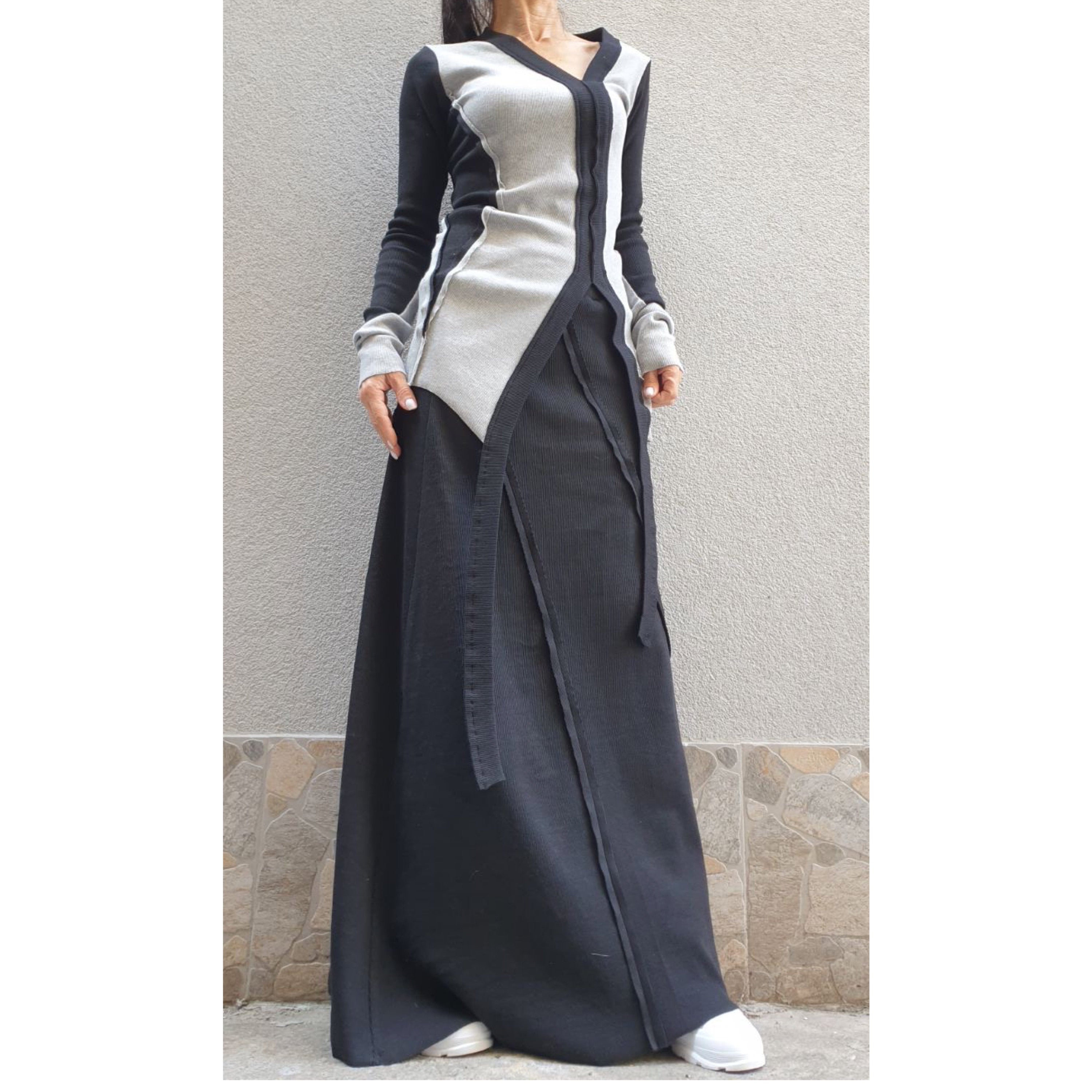 Asymmetric Cotton Set – Long Sleeve Top and Maxi Skirt / Black Grey Two-Piece Outfit / Avantgarde Women’s Clothing
