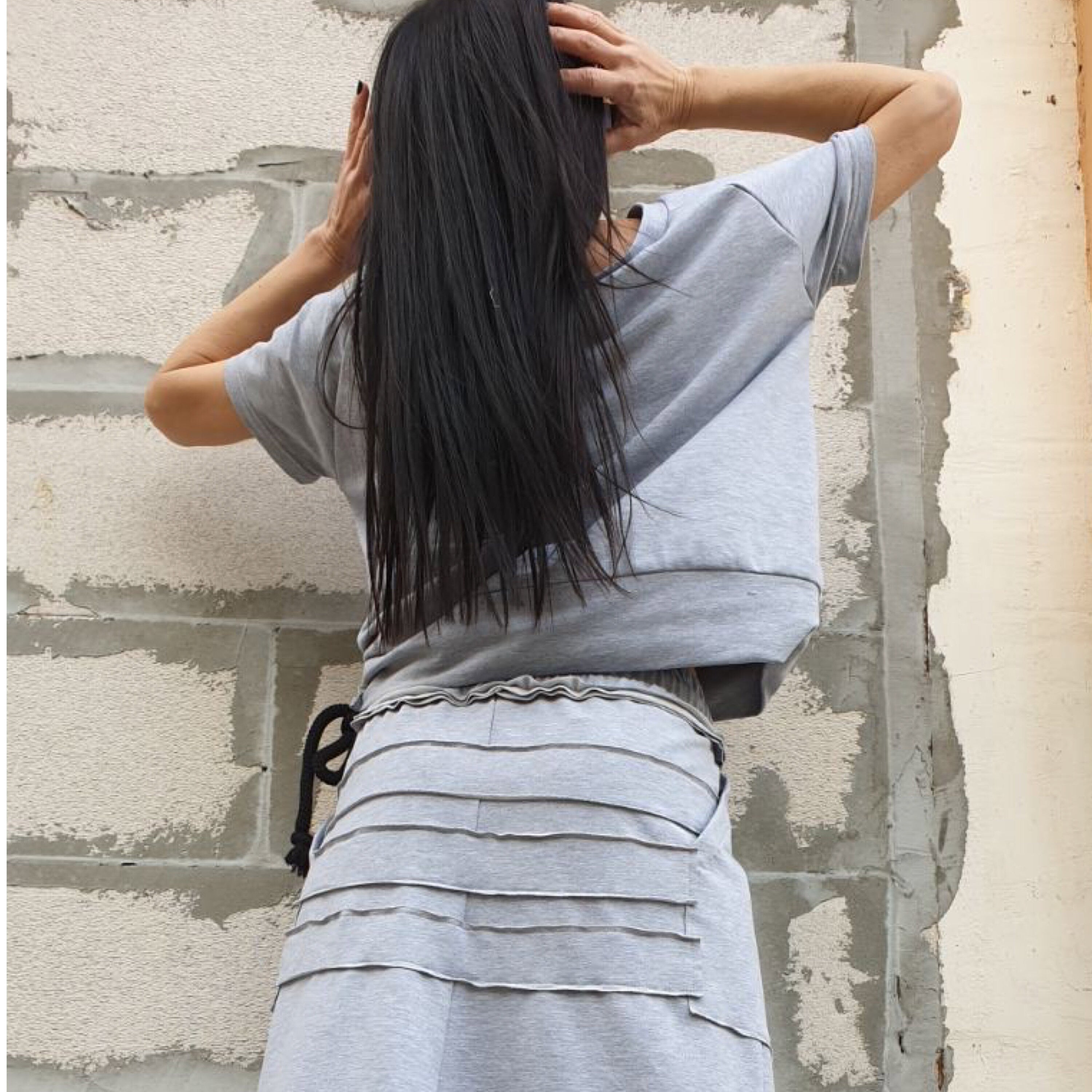 Asymmetric One Shoulder Cotton Blouse with Drawstring / Grey Short Sleeve Top / Urban Casual Designer Shirt