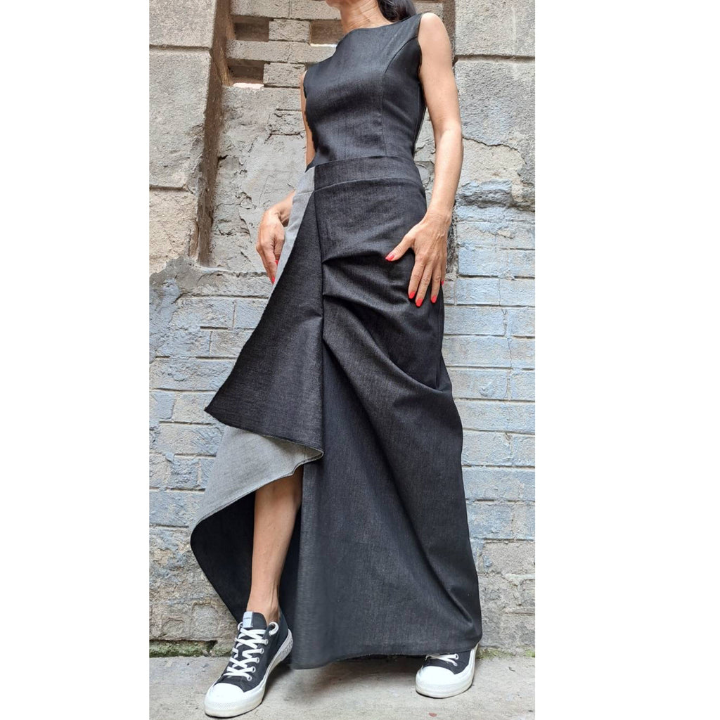 Asymmetric Denim Maxi Dress – Avant Garde A-Line Jean Dress with Side Slit / Women’s Streetwear Sculptural Dress
