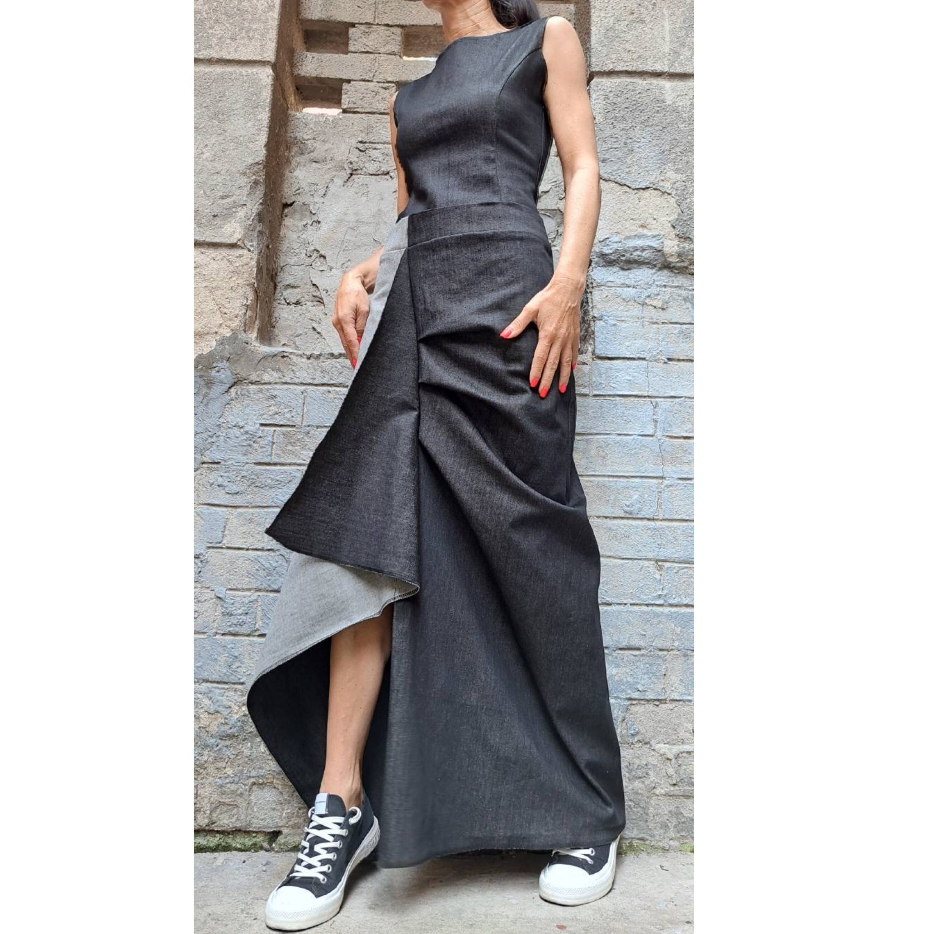 Asymmetric Denim Maxi Dress – Avant Garde A-Line Jean Dress with Side Slit / Women’s Streetwear Sculptural Dress