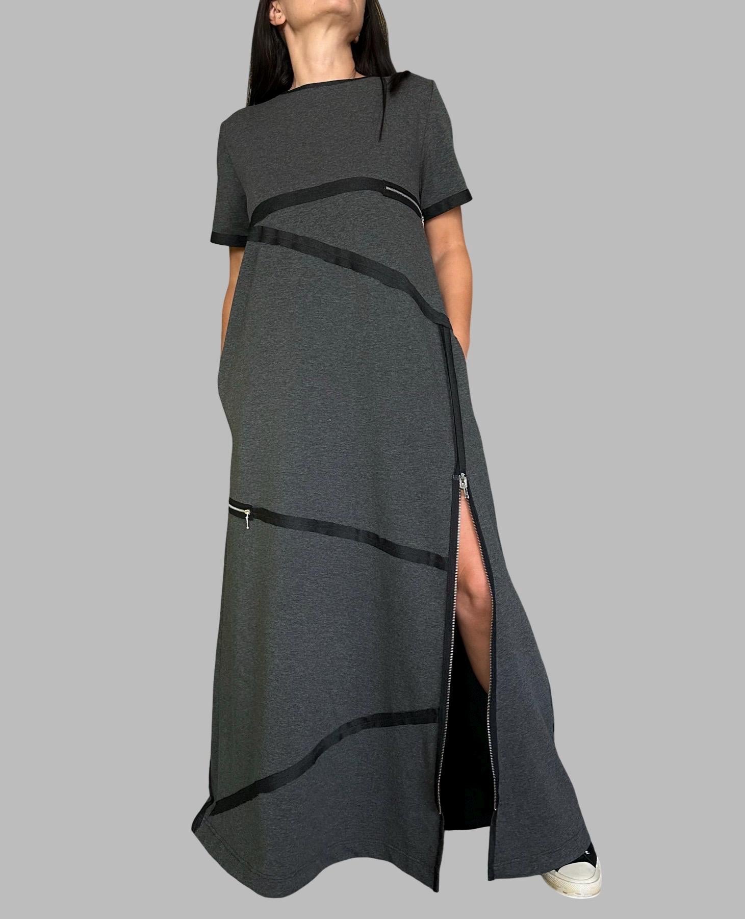 Modern Asymmetrical Maxi Dress / Cotton Urban Dress with Zipper