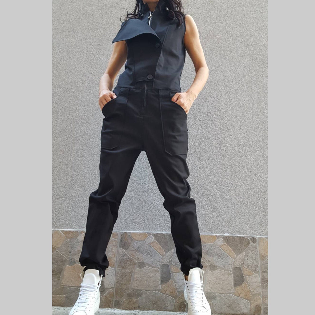Black Cotton Jumpsuit with Asymmetric Details – Sleeveless Designer Overall