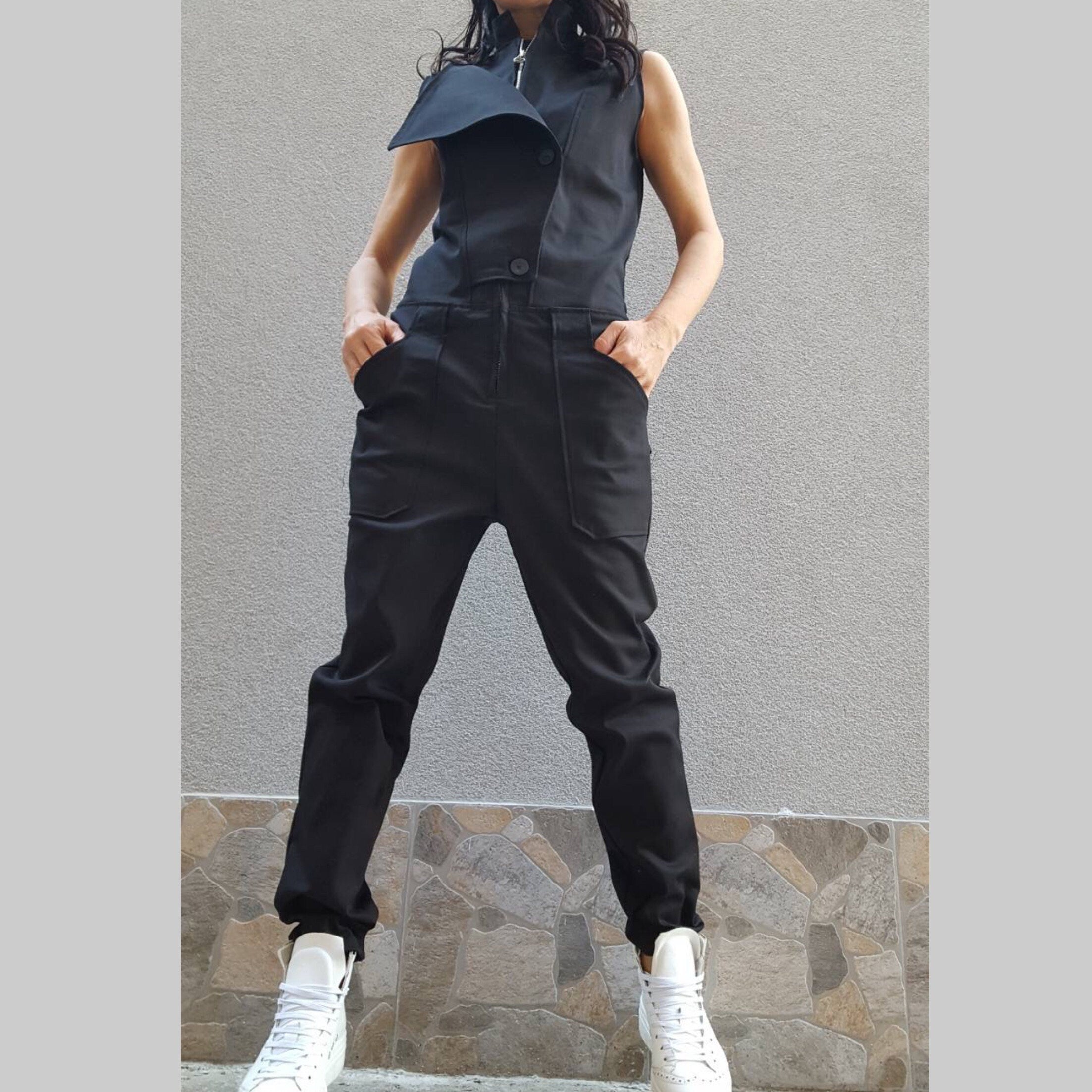 Black Cotton Jumpsuit with Asymmetric Details – Sleeveless Designer Overall