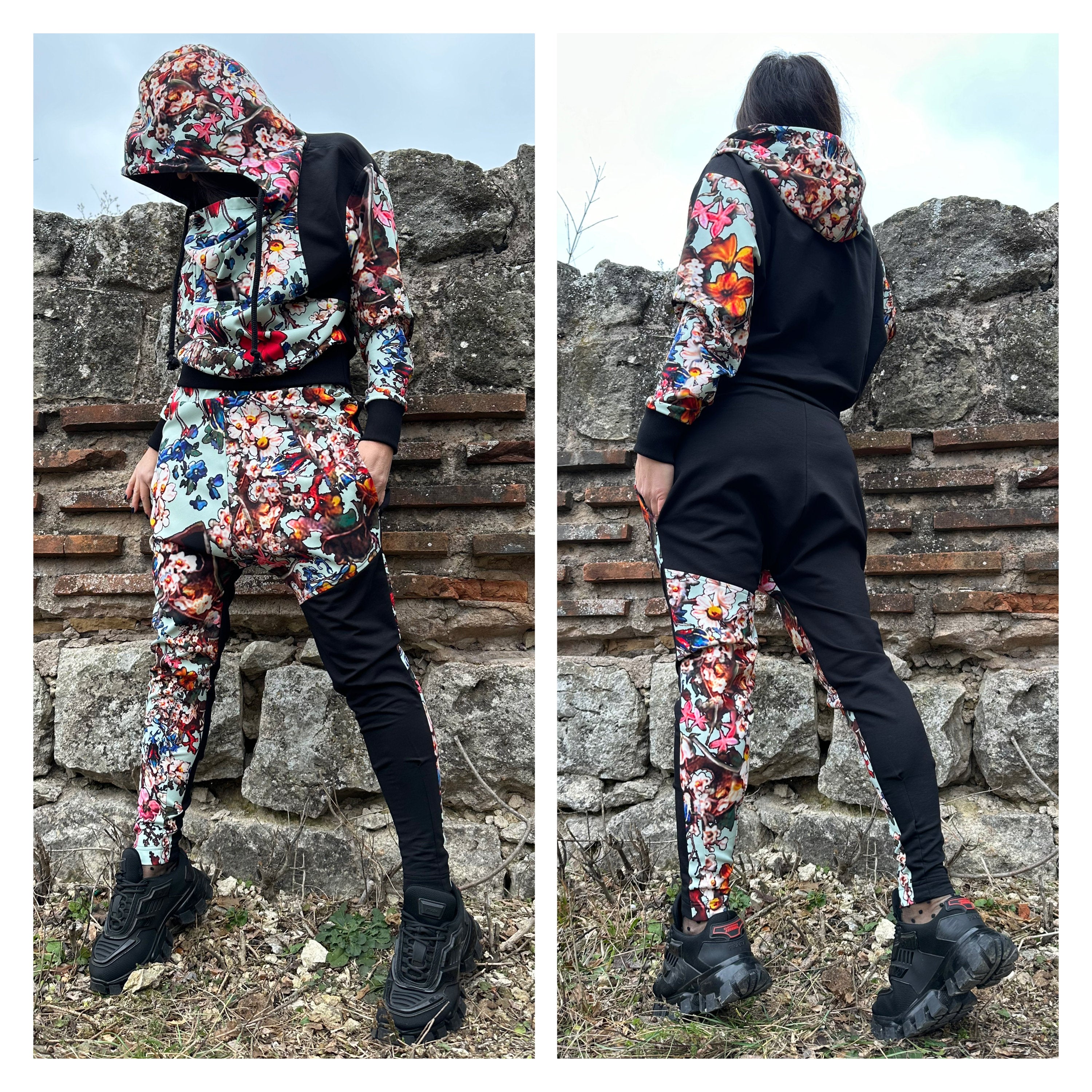 Women’s Neoprene Tracksuit – Hoodie and Joggers in Colorful Patchwork / Handmade Two-Piece  Аthleisure Set