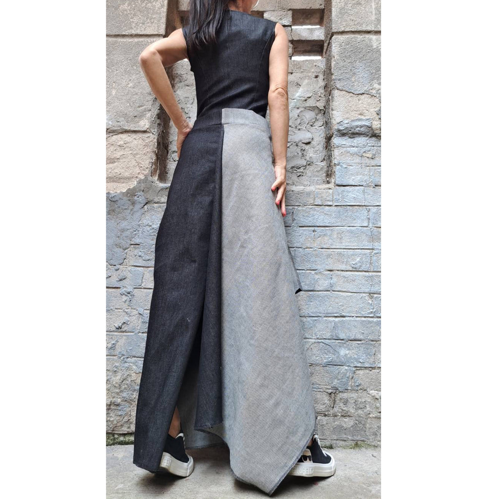 Asymmetric Denim Maxi Dress – Avant Garde A-Line Jean Dress with Side Slit / Women’s Streetwear Sculptural Dress