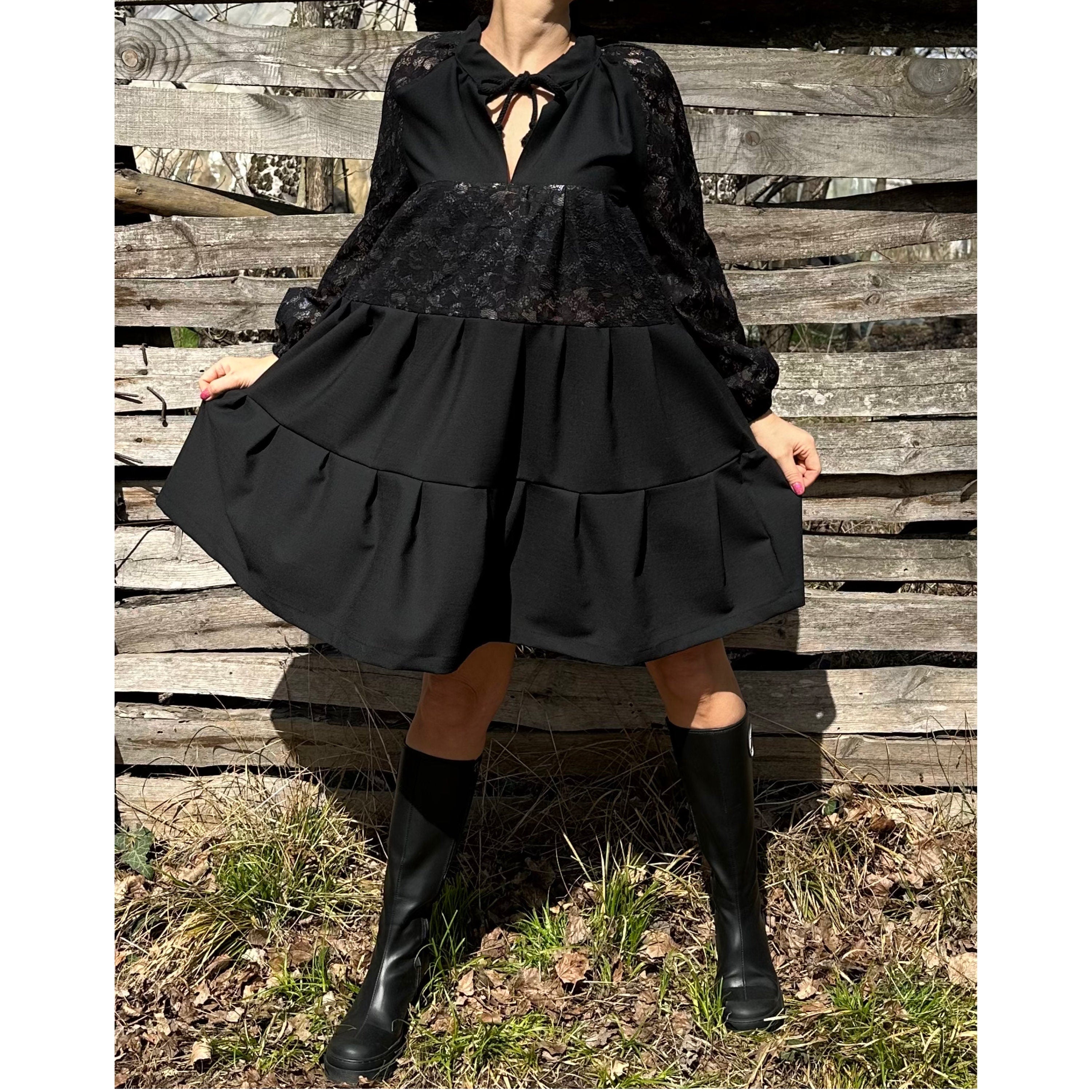 Black Tunic with Lace and Cotton – Long Sleeve Tiered Design / Boho Chic Handmade Dress