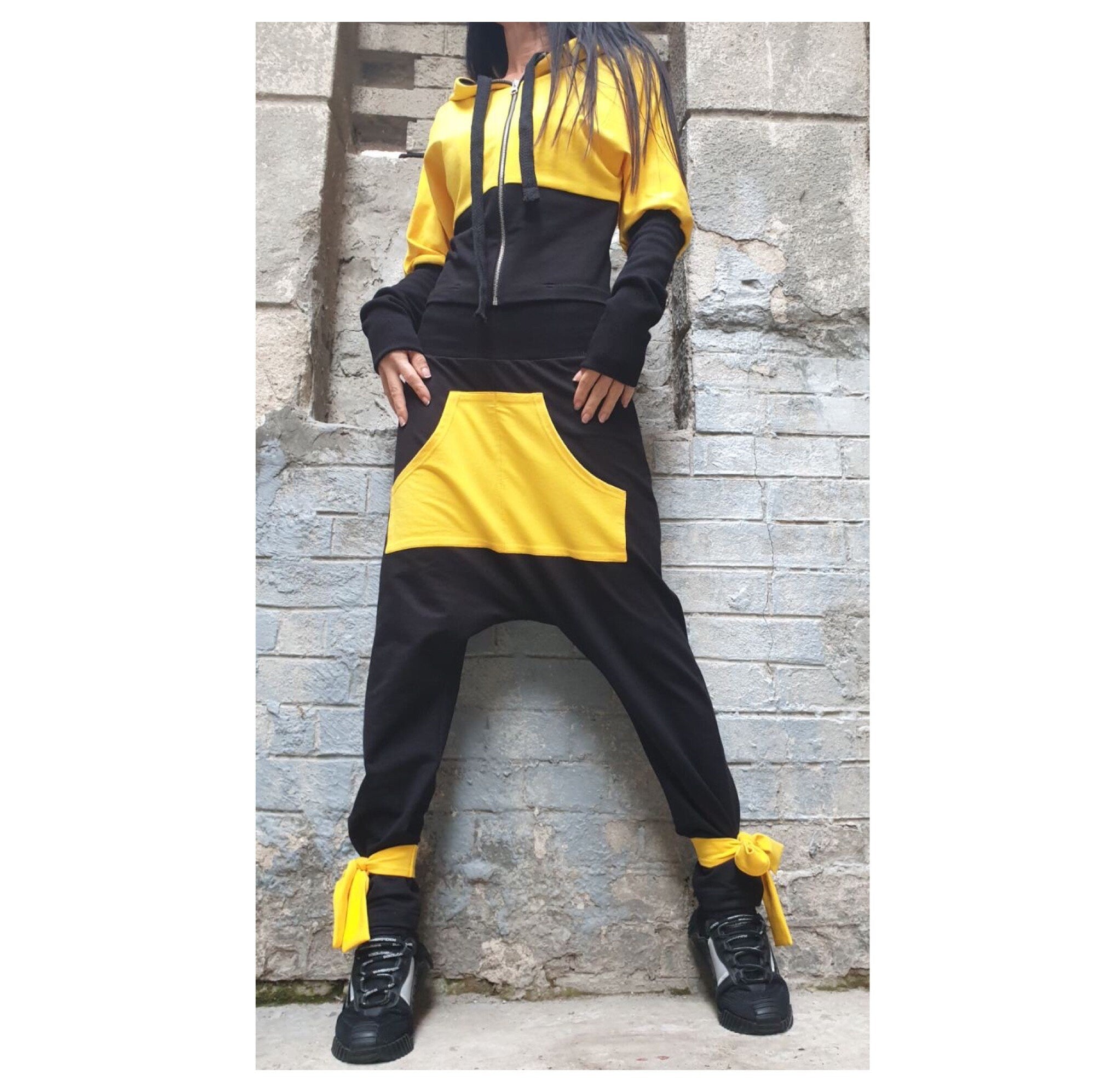 Yellow & Black Cotton Tracksuit – Hooded Crop Jacket / Harem Pants with Pocket
