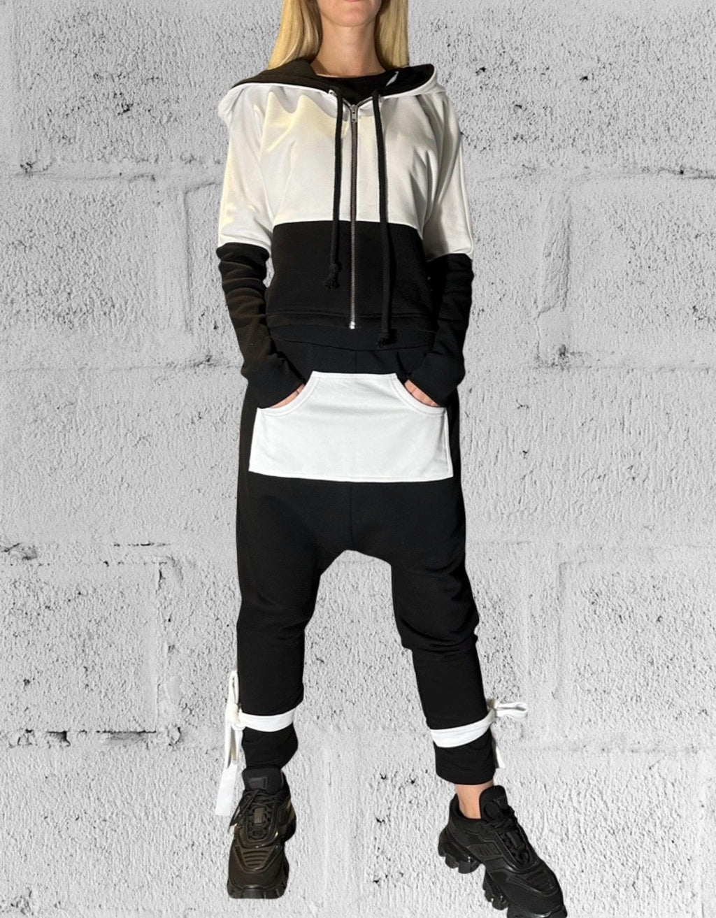 Black & White Avant-Garde Tracksuit Set / Harem Pants and Cropped Zip Hoodie / Handmade Urban Look