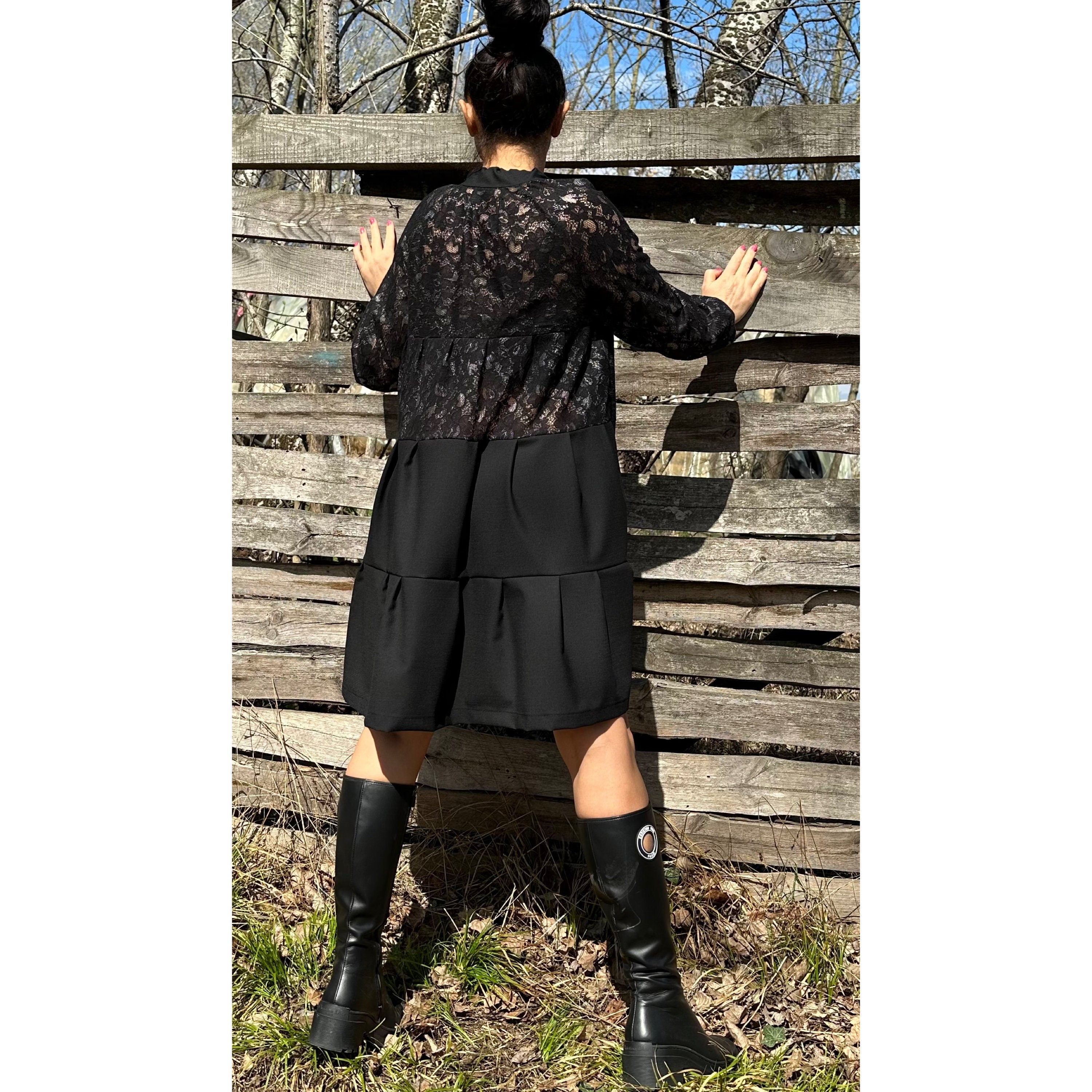 Black Tunic with Lace and Cotton – Long Sleeve Tiered Design / Boho Chic Handmade Dress