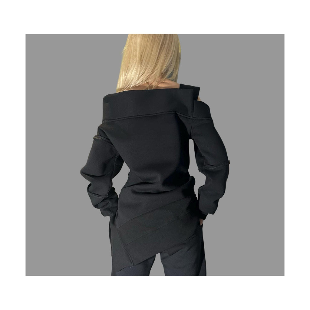 Black Asymmetric Winter Blouse with One Shoulder / Avant-Garde Cotton Top with External Seams