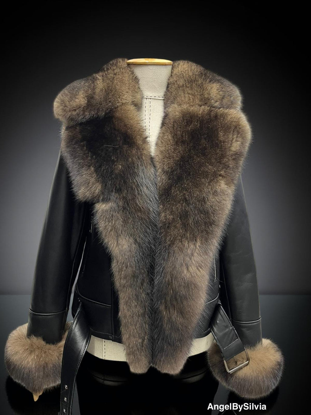 Women’s Winter Leather Coat with Large Fox Fur Collar