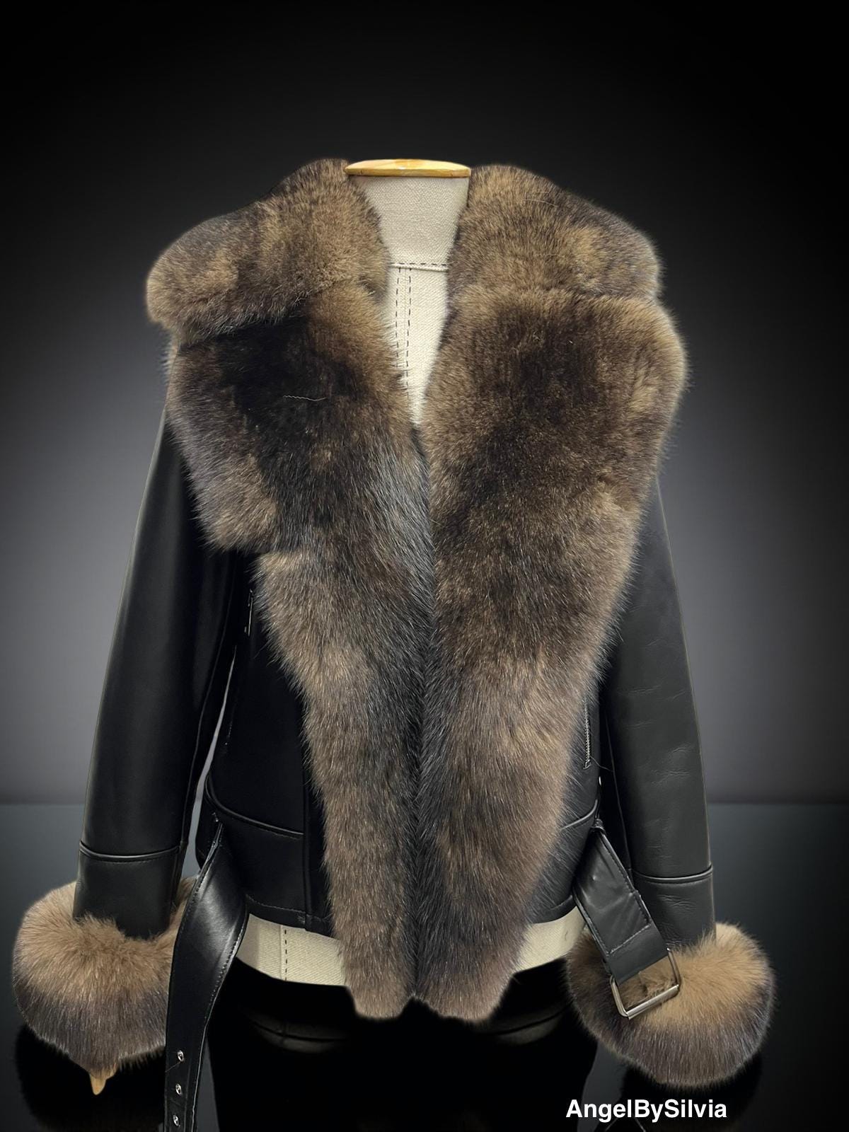 Women’s Winter Leather Coat with Large Fox Fur Collar