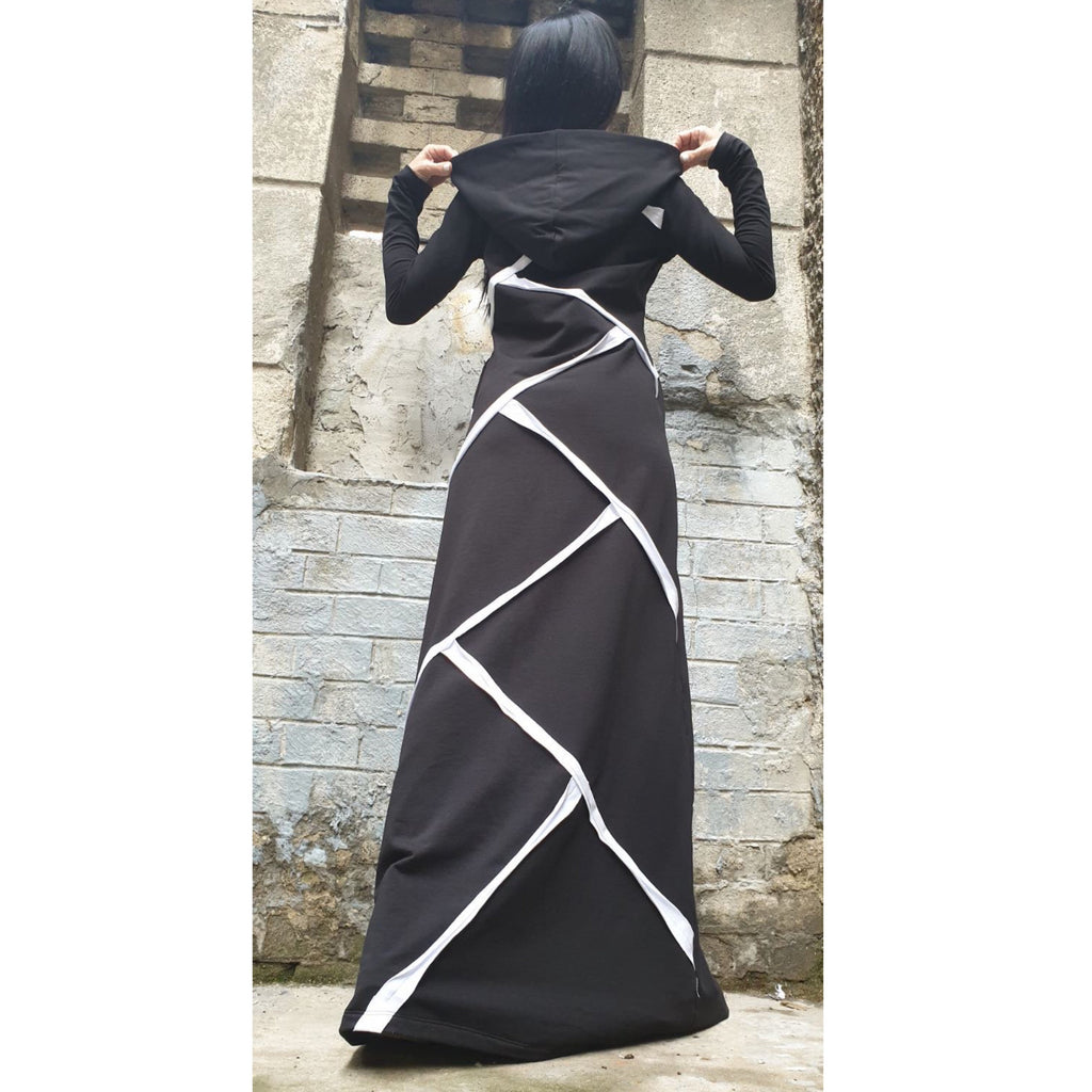 Black Hooded Maxi Dress – Asymmetric Cotton Dress with White Trim / Long Sleeve Avant-Garde Dress with Pockets / Cotton Blend Fleece  XS–5X