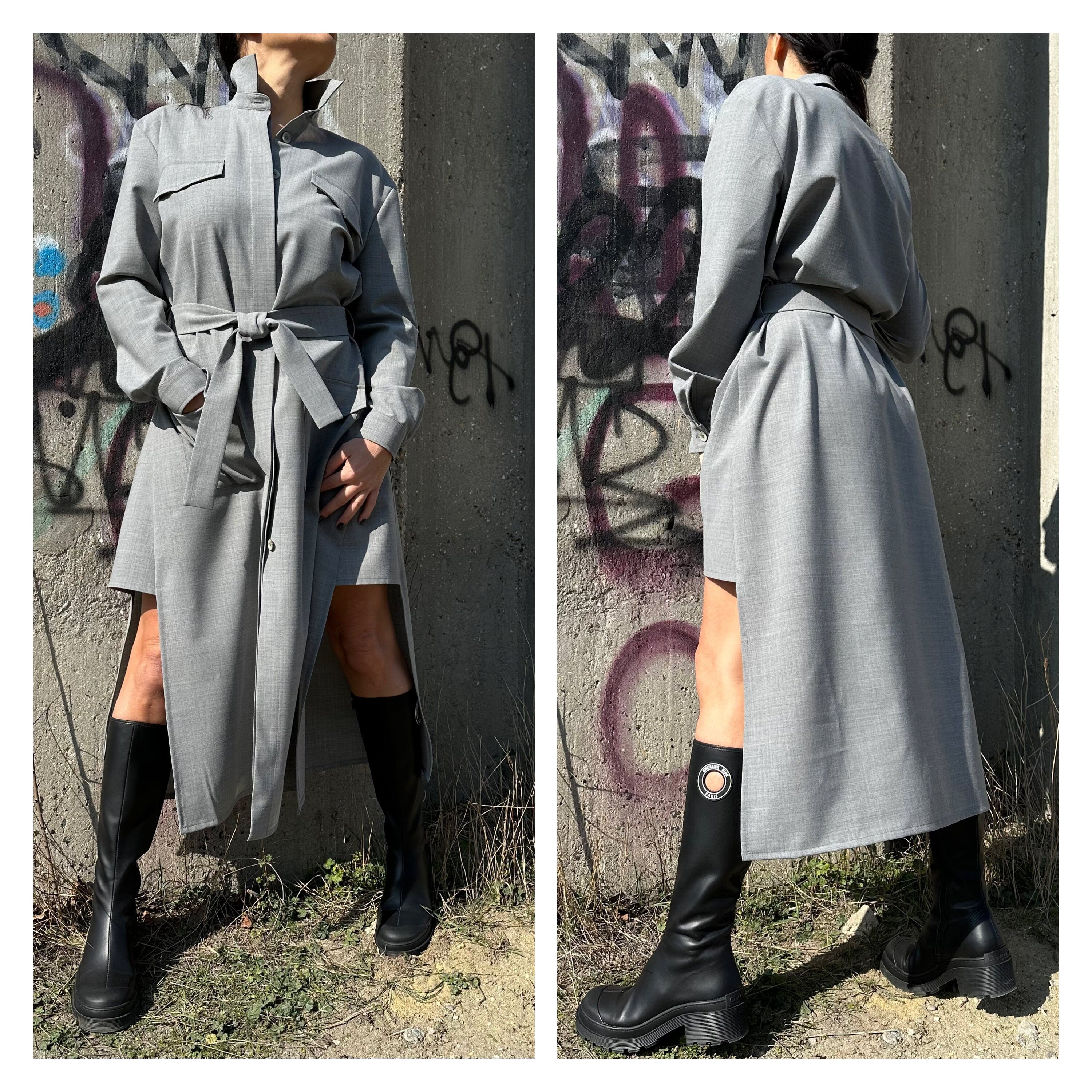 Grey Long Sleeve Shirt Dress: Belted Cotton-Blend Outwear