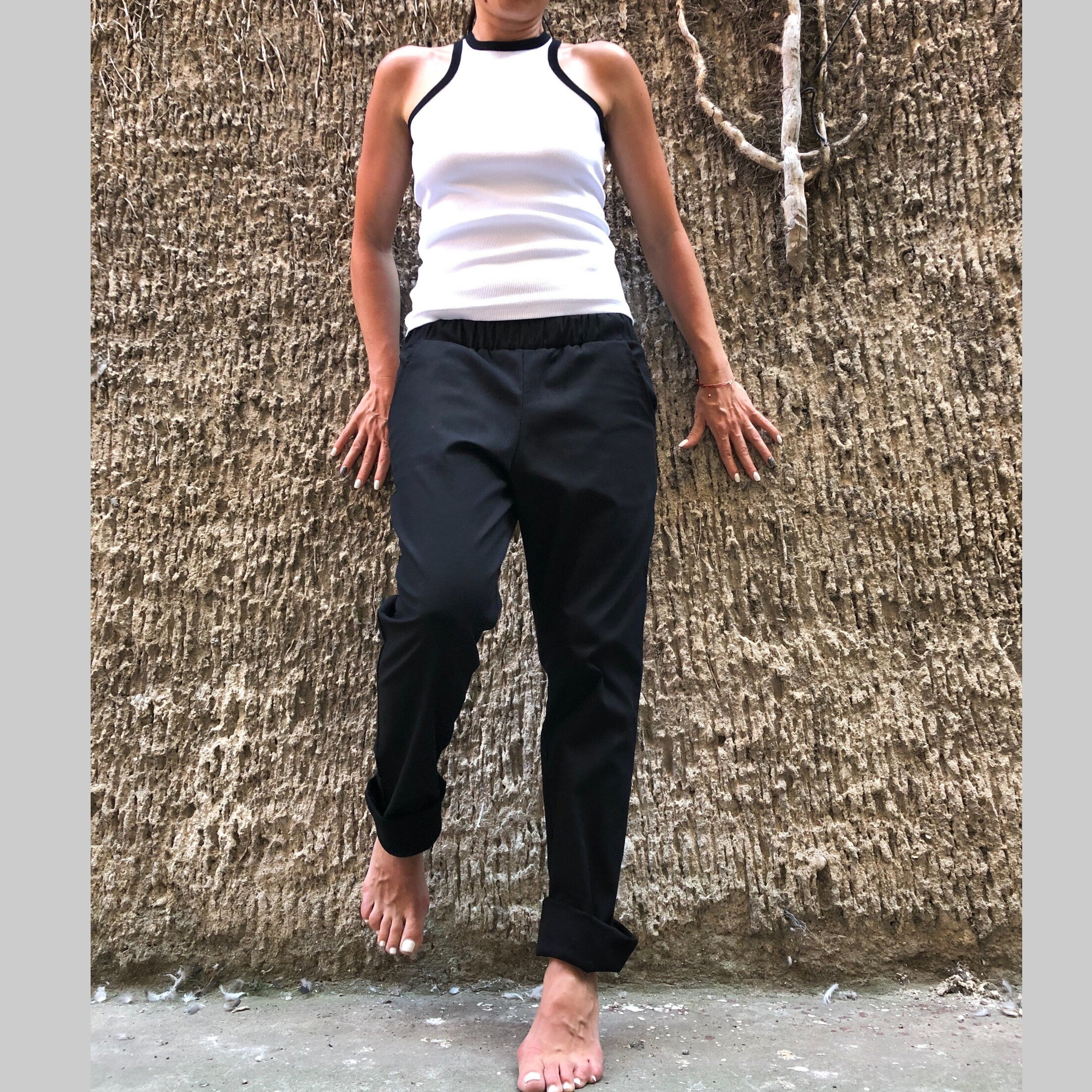 Women’s Casual Cotton Pants – High-Waist Elastic Trousers with Side Pockets / Everyday Straight-Leg Pants / Minimalist Soft Fabric Pants