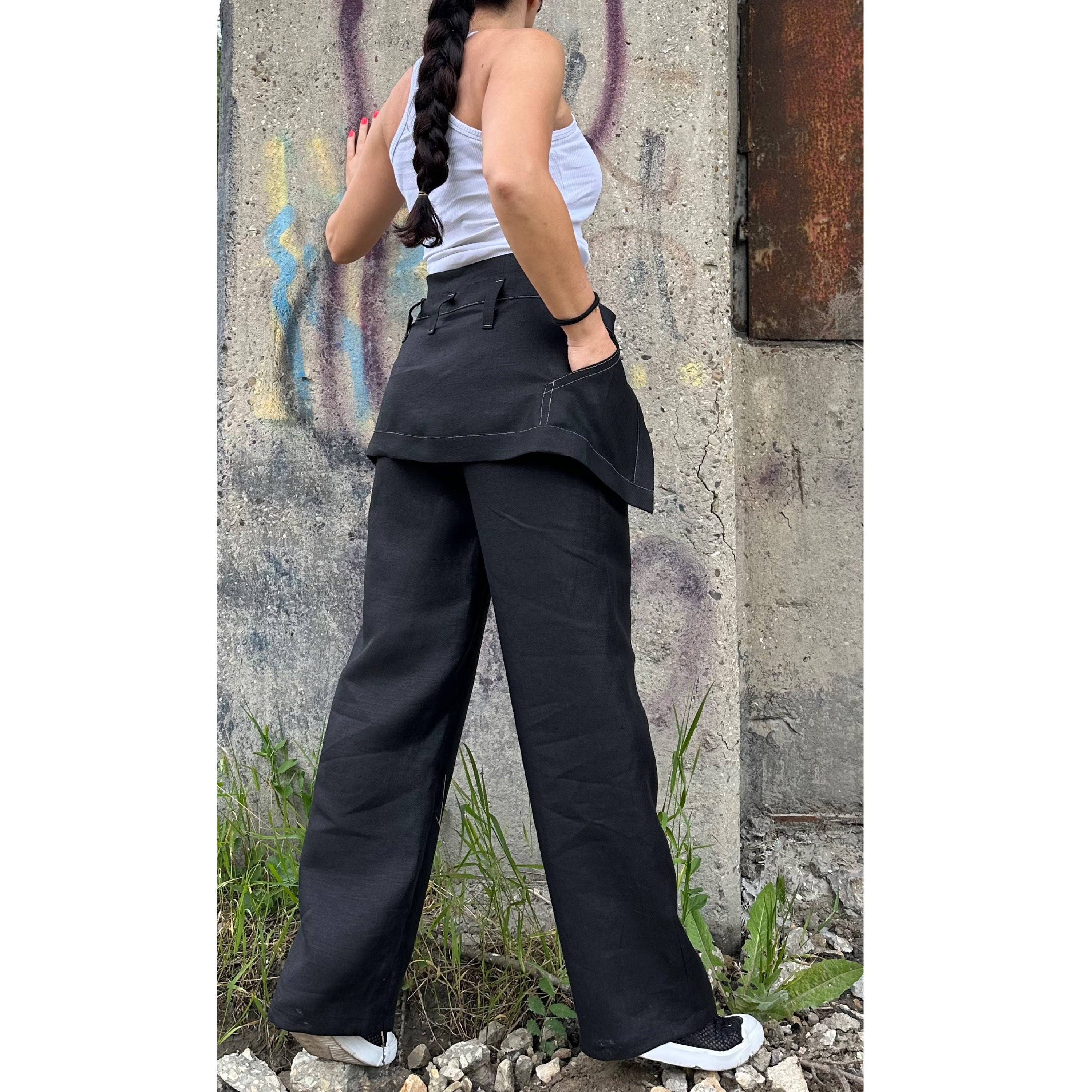 Black Linen High-Waisted Pants with Removable Overlay Skirt – Wide-Leg Trousers with Pockets