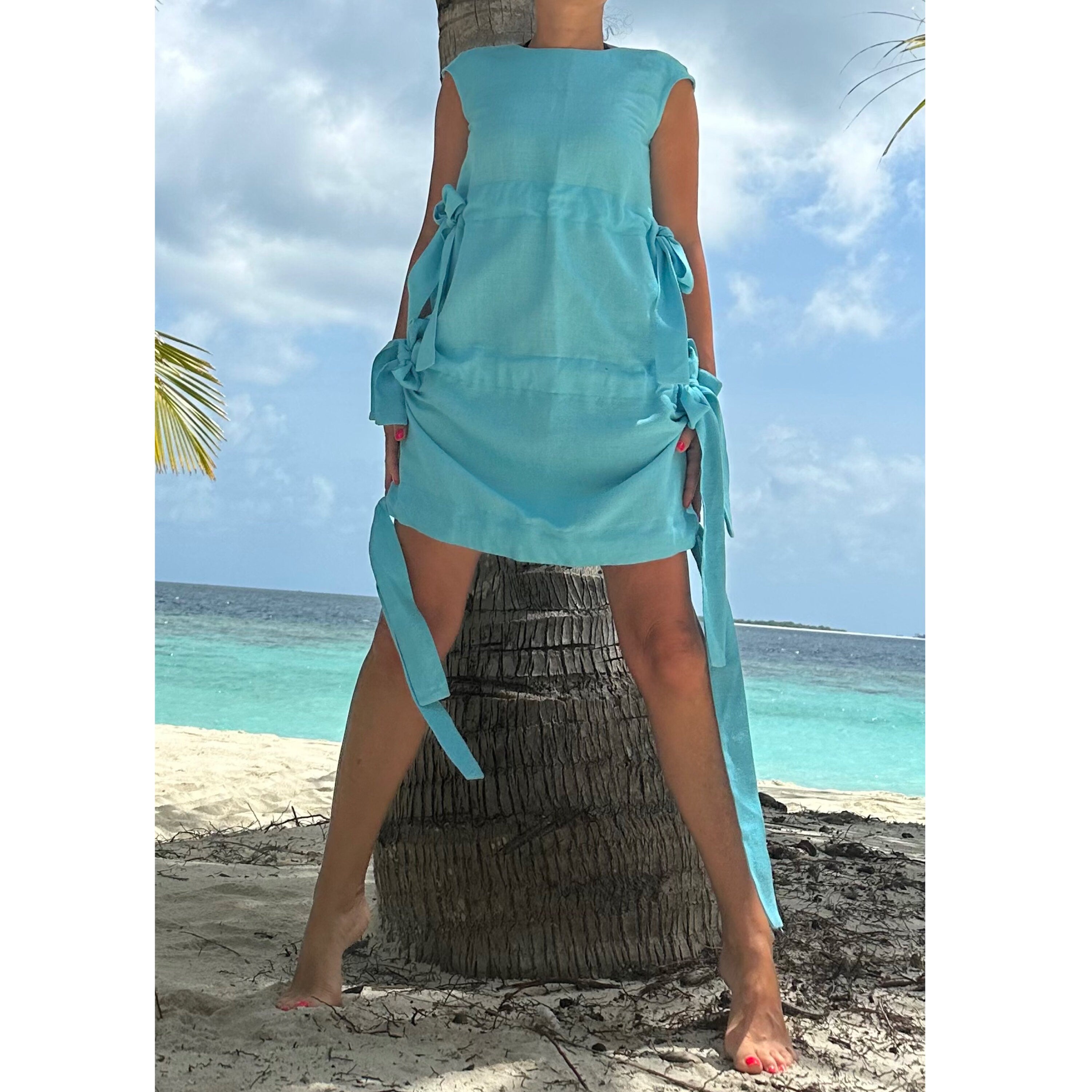 Women’s Light Blue Linen Dress – Sleeveless Summer Tunic with Side Ties / Beachwear Resort