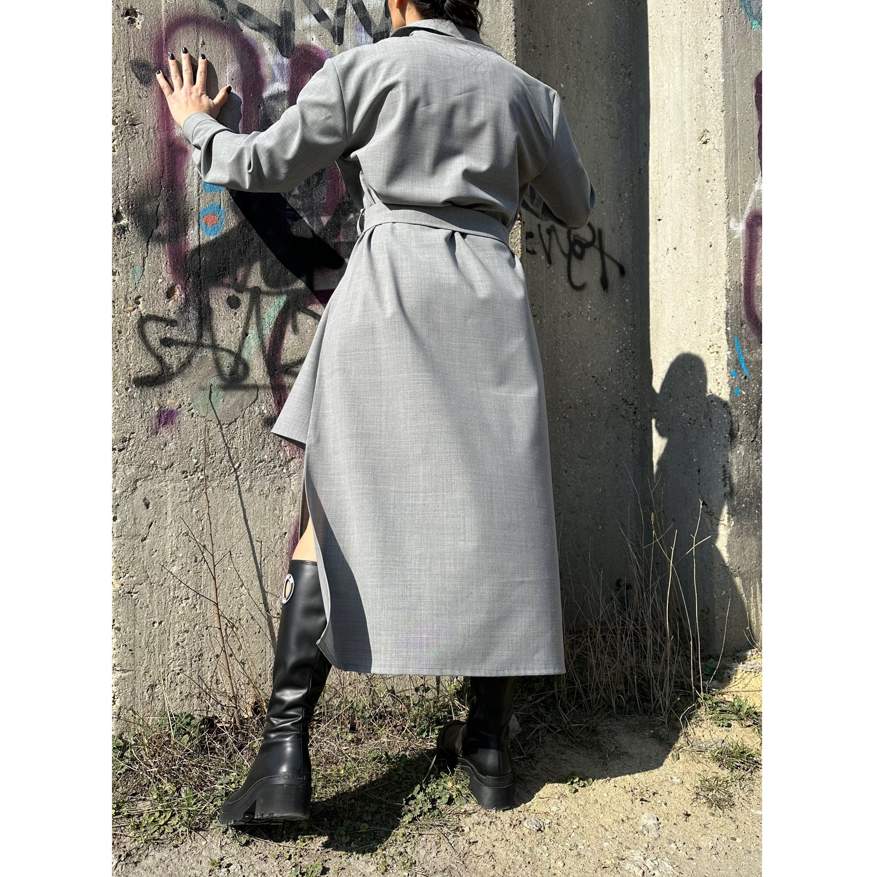 Grey Long Sleeve Shirt Dress: Belted Cotton-Blend Outwear