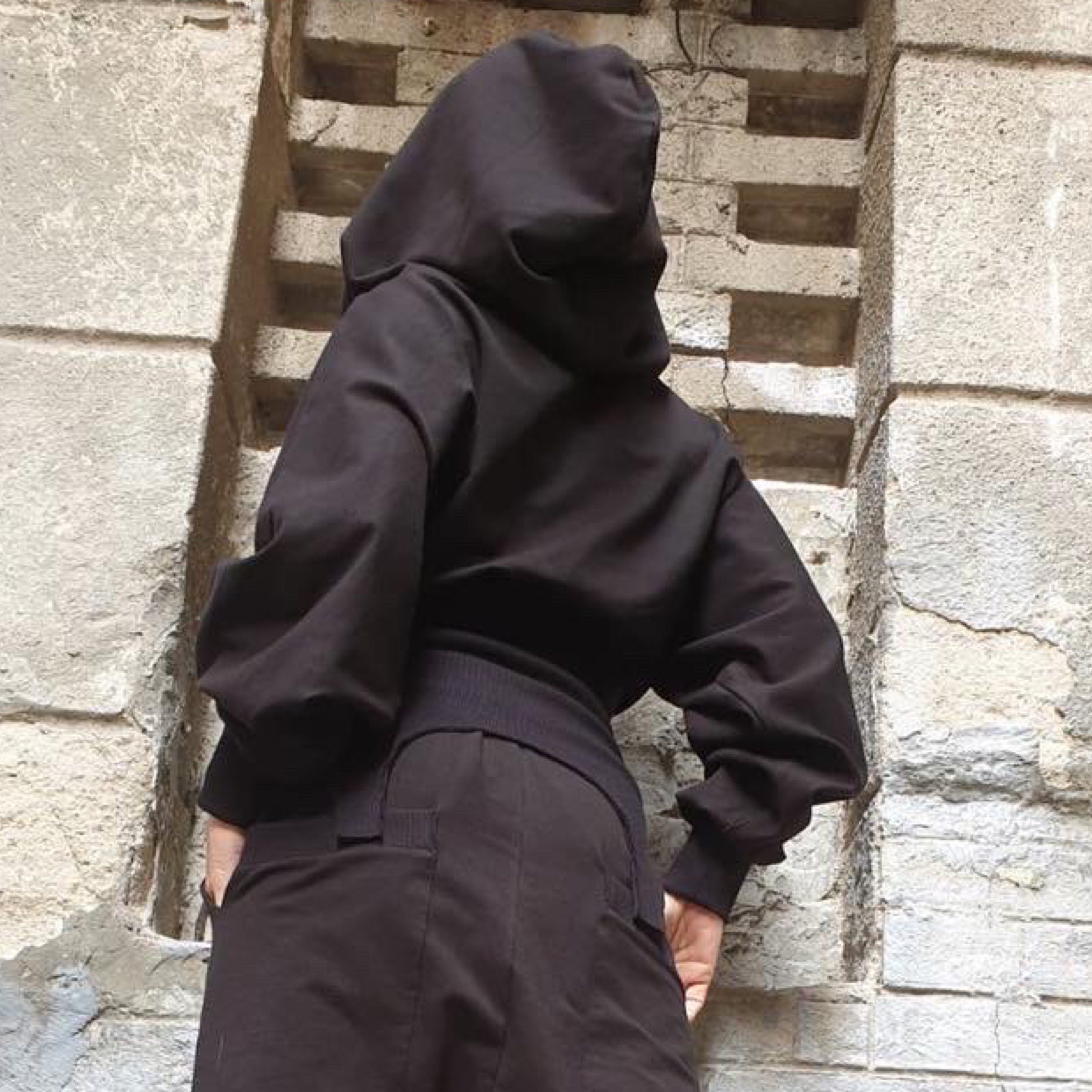 Asymmetric Hooded Blouse – Black Cotton Stretch Top with Ribbed Waist / Avant-Garde Long Sleeve Hoodie / Women’s Urban Fashion