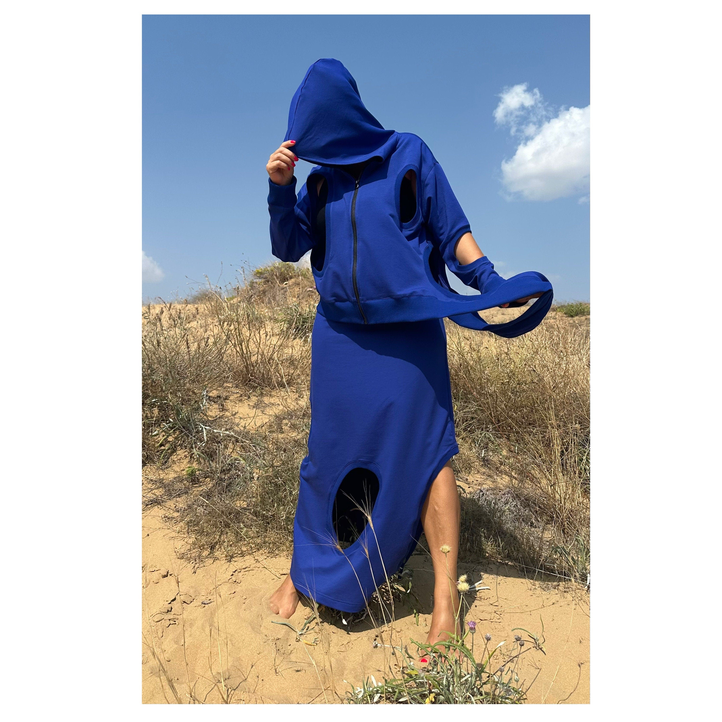 Asymmetric Cut-Out Skirt and Hoodie Set / Handmade Cotton Two-Piece Outfit / Avantgarde Streetwear