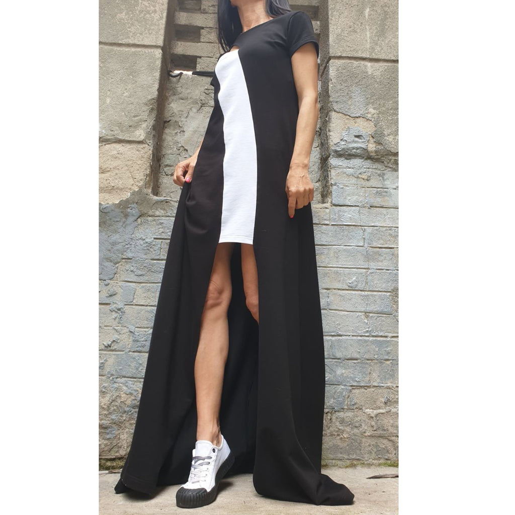 Asymmetric Maxi Black Dress – Long Cotton Dress with Side Slit / Urban Elegant Evening Dress / Short Sleeve Summer Dress