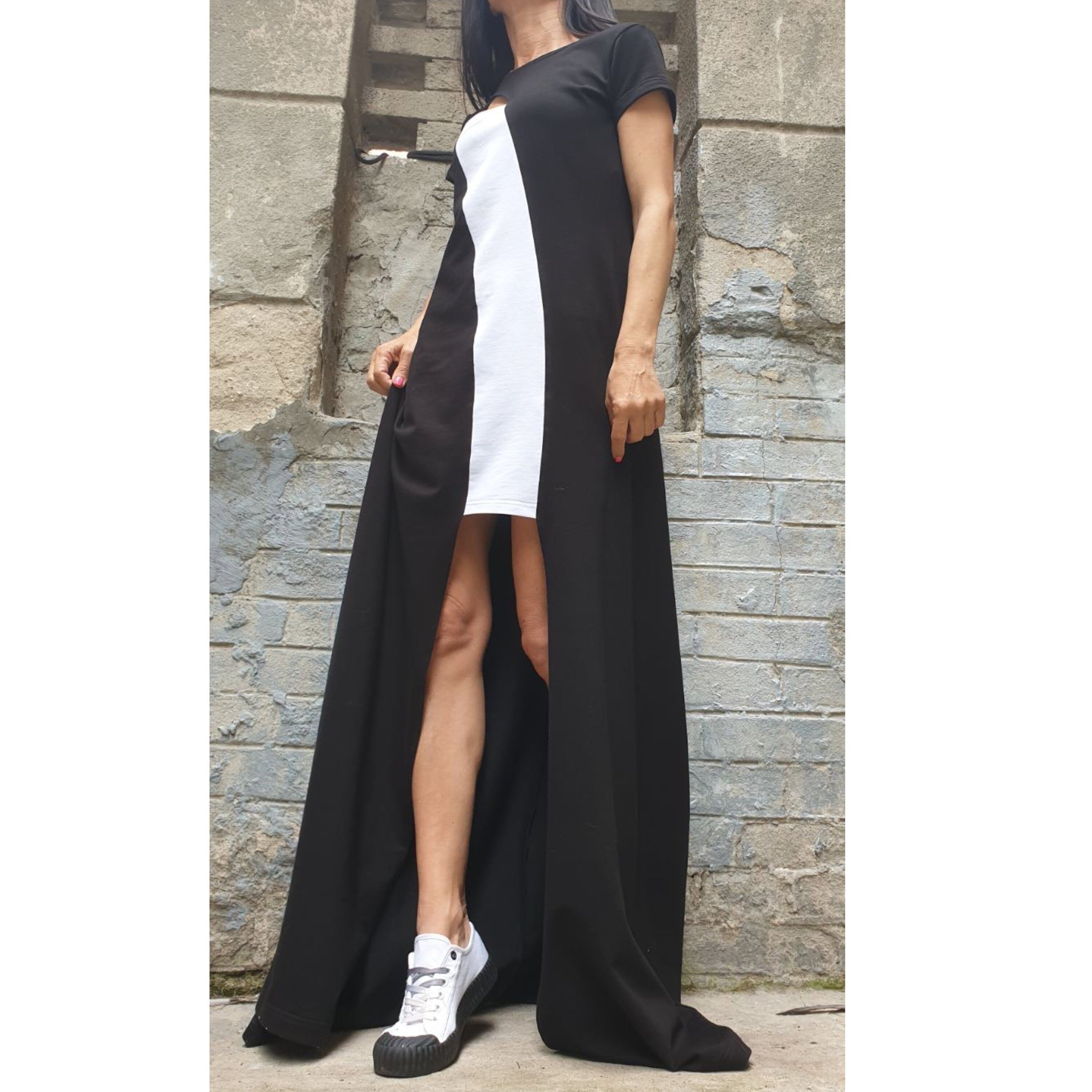 Asymmetric Maxi Black Dress – Long Cotton Dress with Side Slit / Urban Elegant Evening Dress / Short Sleeve Summer Dress
