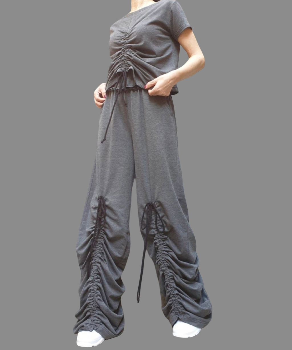 Dark Grey Cotton Women's Set: Asymmetric Blouse & High Waist Pants
