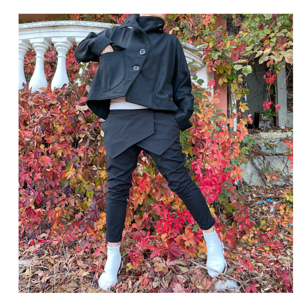 Wool Short Coat  High Collar Black Winter Coat