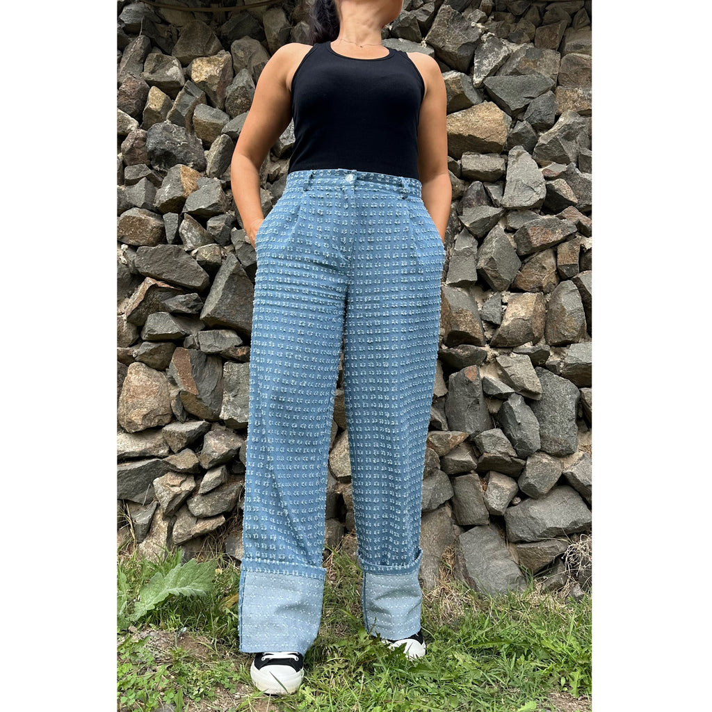 High-Waisted Distressed Denim Pants with Cuffed Hems – Handmade Wide-Leg Jeans with Pockets