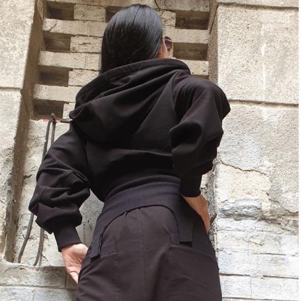 Asymmetric Hooded Blouse – Black Cotton Stretch Top with Ribbed Waist / Avant-Garde Long Sleeve Hoodie / Women’s Urban Fashion
